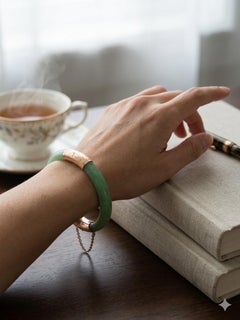 Vintage 14K Yellow Gold Natural Green Jadeite Bangle 18.8mm Wide Hinged 7" Solid