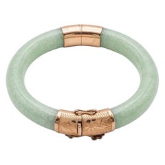 Vintage 14K Yellow Gold Natural Green Jadeite Bangle 18.8mm Wide Hinged 7" Solid