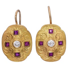 Vintage 14k Yellow Gold Old European Cut Diamond and Ruby Shield Earrings