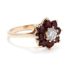 Vintage 14K Yellow Gold, Old European Cut Diamond & Garnet Flower Ring