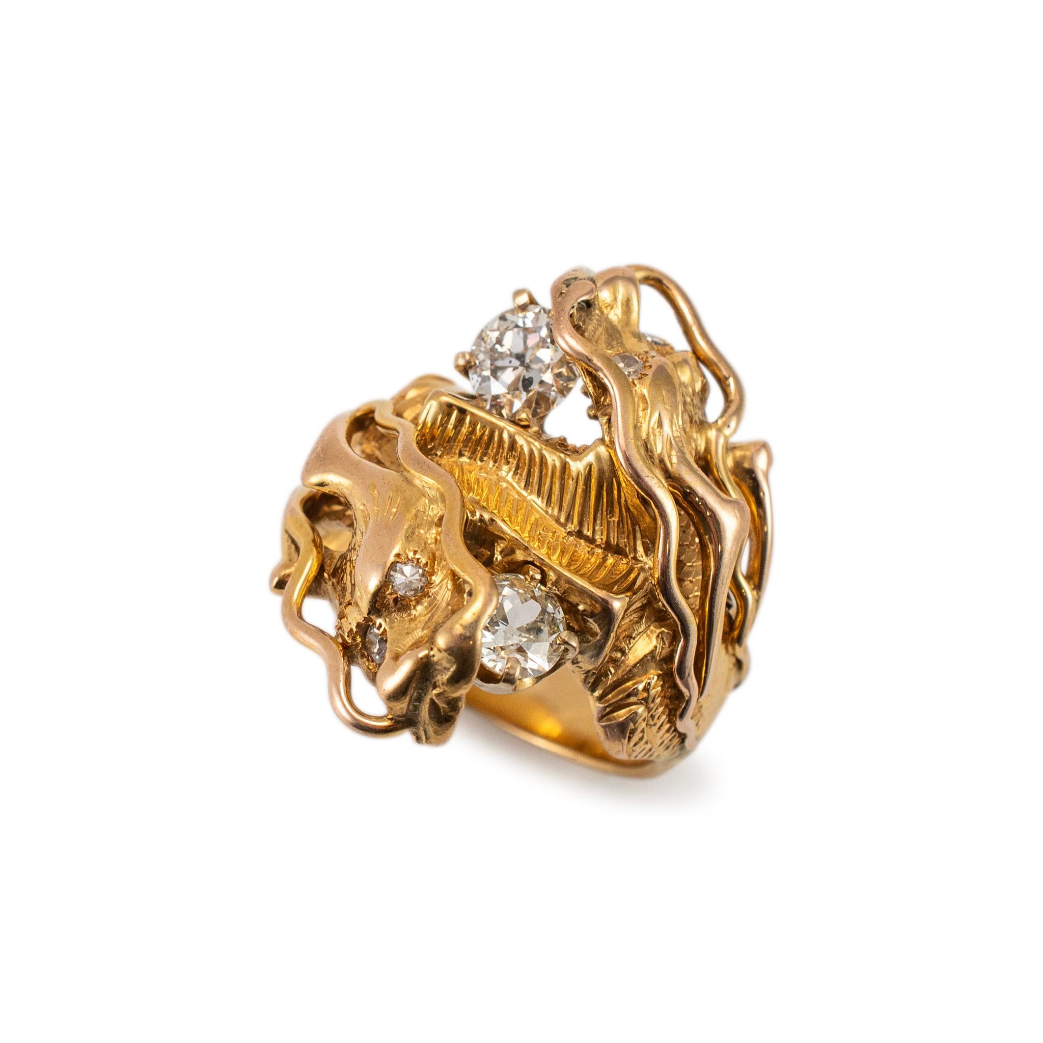 Metal Type: 14K Yellow Gold

Ring Size: 9.5

Width: 28.00 mm tapering to 5.70 mm

Weight: 20.72 grams

One 14K yellow gold diamond vintage cocktail ring with a tapered, comfort-fit shank. The metal was tested and determined to be 14K yellow gold.