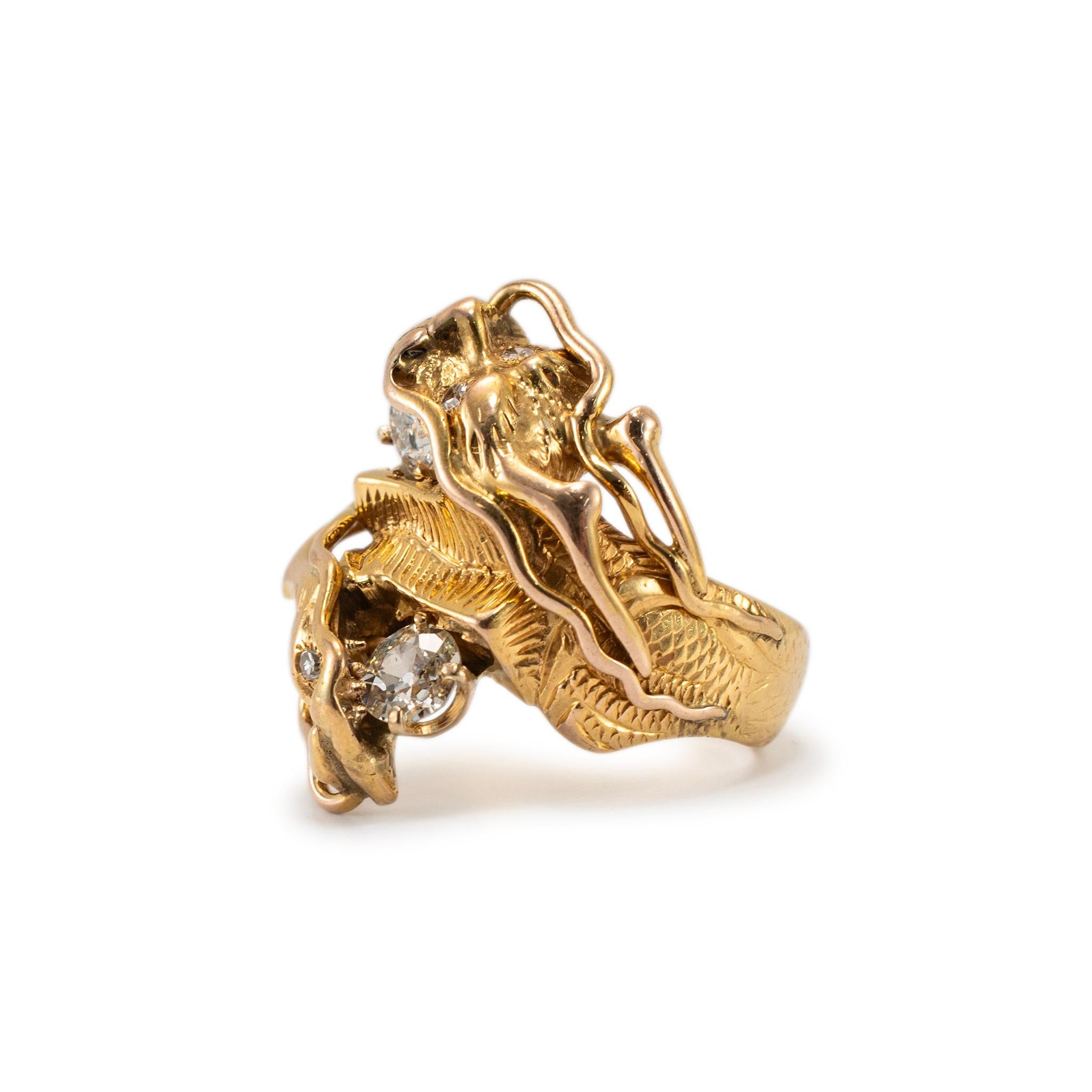 Vintage 14K Yellow Gold Old European Cut Two Head Dragon Cocktail Ring In Excellent Condition For Sale In Houston, TX
