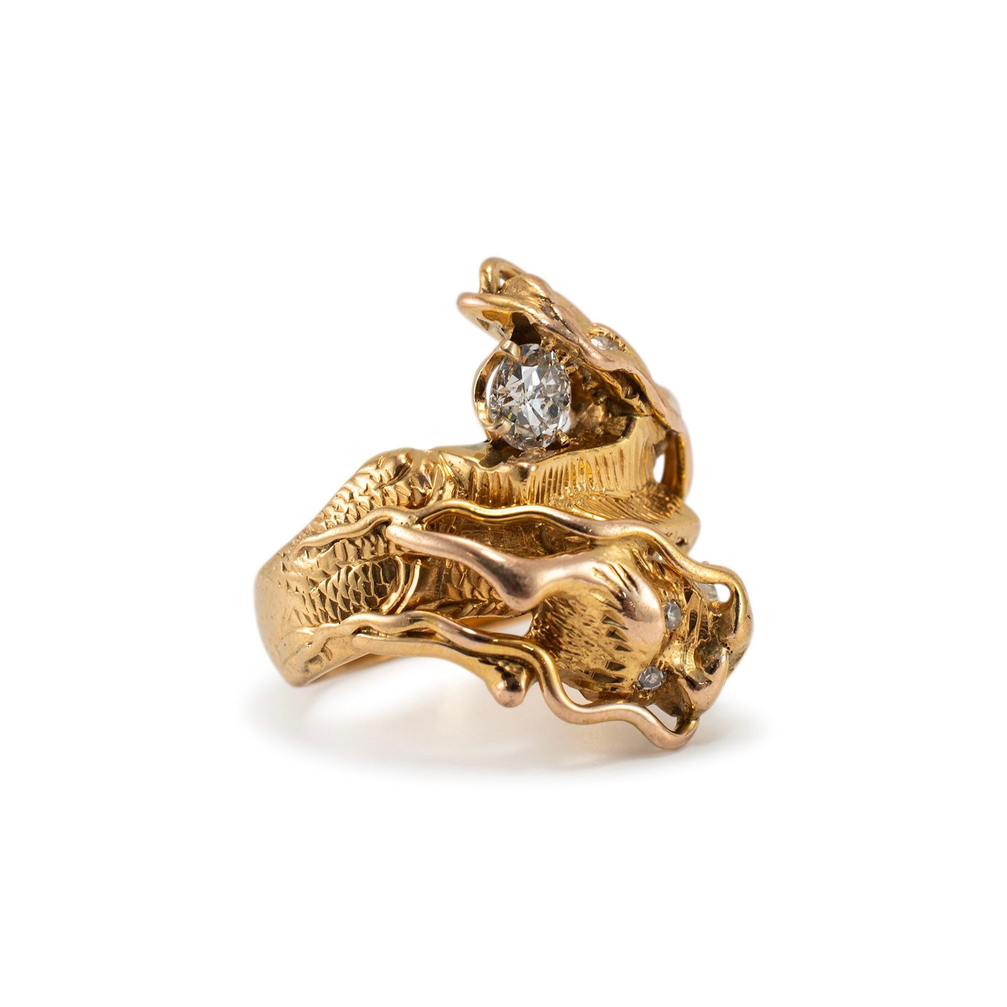 Women's or Men's Vintage 14K Yellow Gold Old European Cut Two Head Dragon Cocktail Ring For Sale