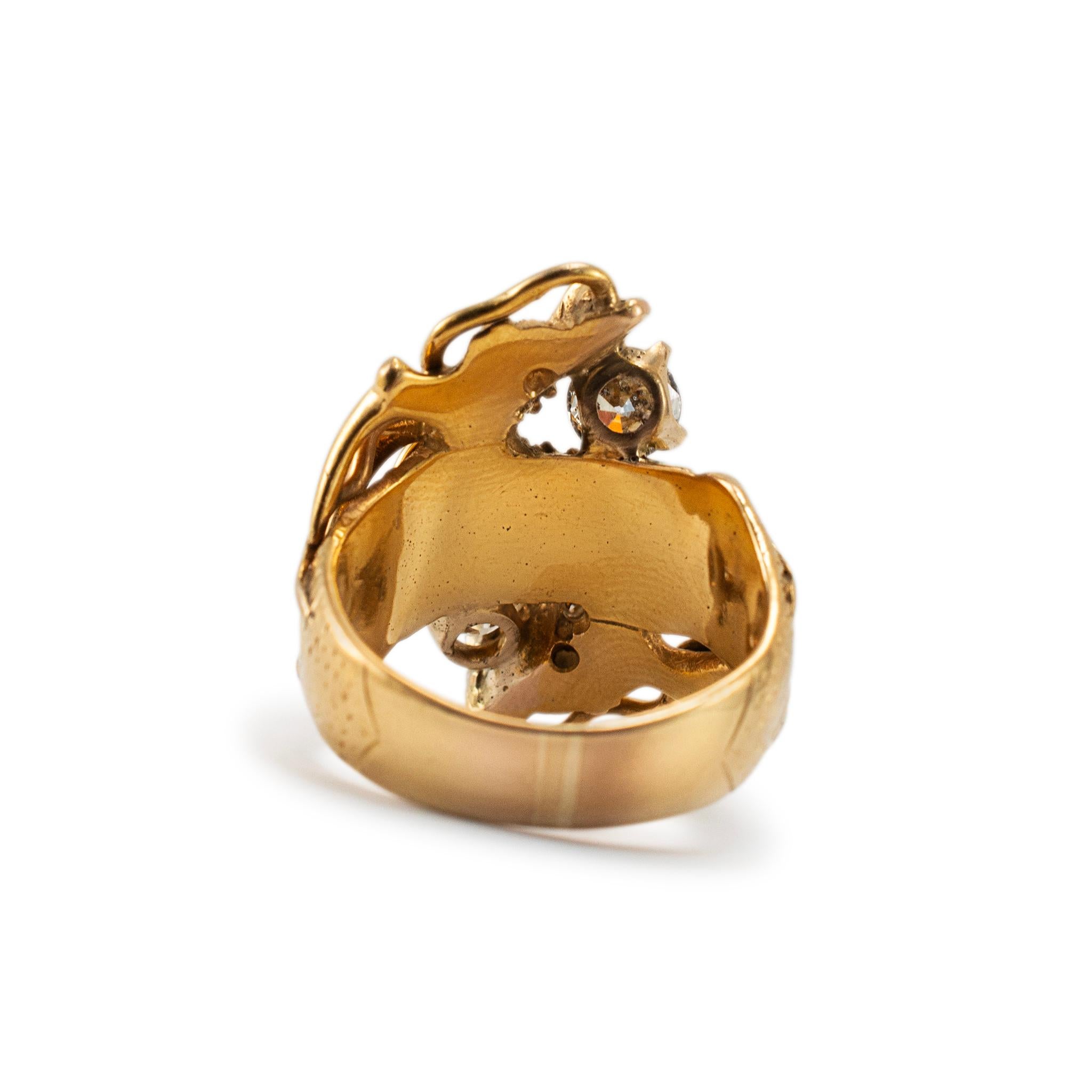 Vintage 14K Yellow Gold Old European Cut Two Head Dragon Cocktail Ring For Sale 1