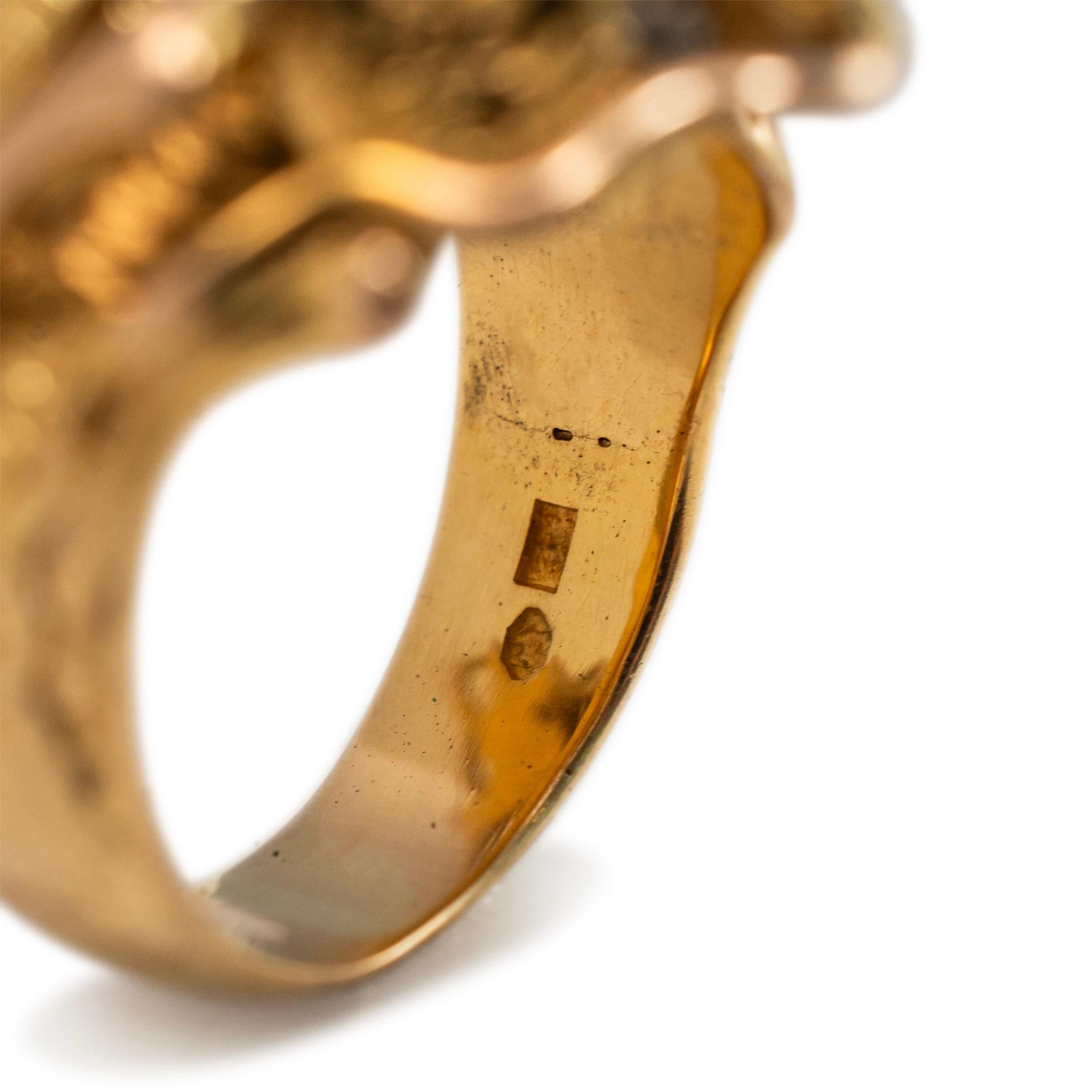 Vintage 14K Yellow Gold Old European Cut Two Head Dragon Cocktail Ring For Sale 2