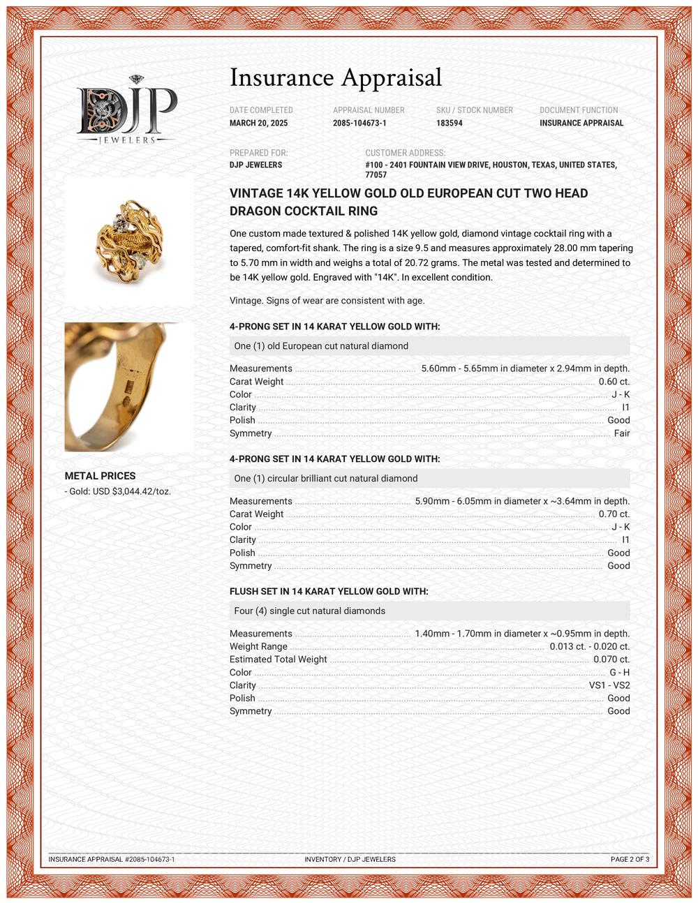 Vintage 14K Yellow Gold Old European Cut Two Head Dragon Cocktail Ring For Sale 4