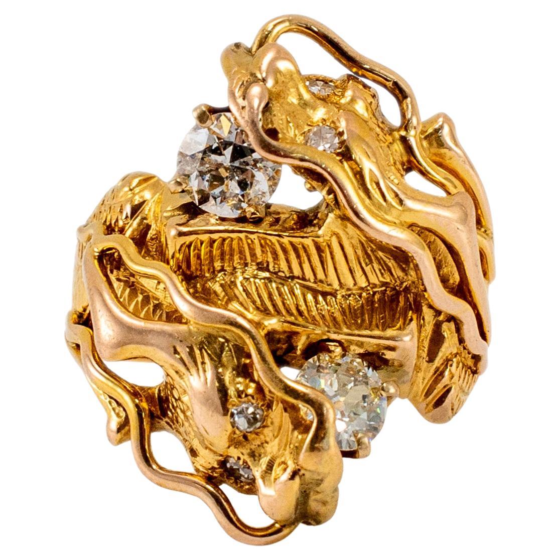 Vintage 14K Yellow Gold Old European Cut Two Head Dragon Cocktail Ring For Sale