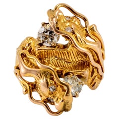 Vintage 14K Gelbgold Old European Cut zwei Kopf Drache Cocktail-Ring, Vintage
