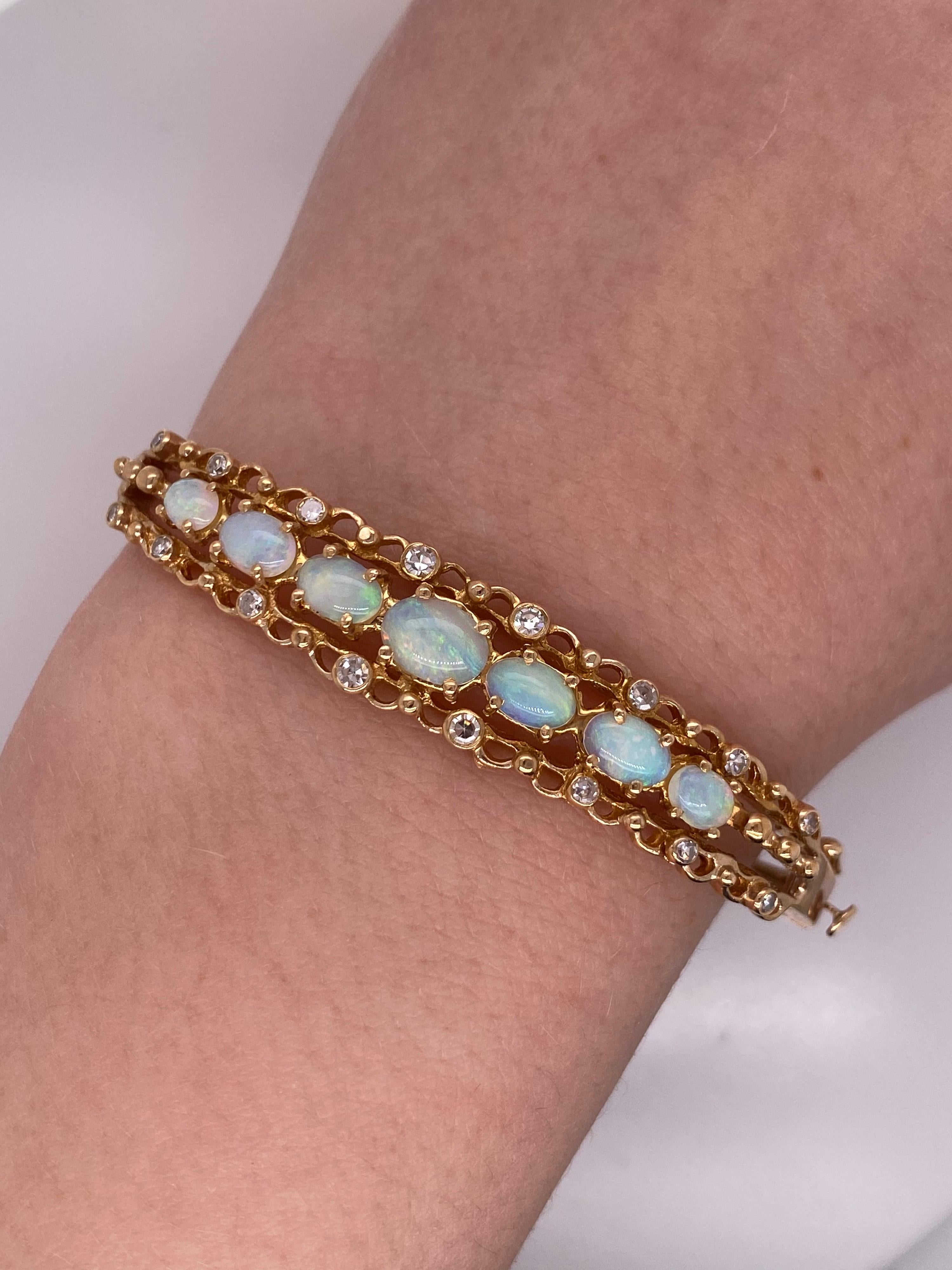 Women's Vintage 14K Yellow Gold Opal and Diamond Bangle Bracelet For Sale