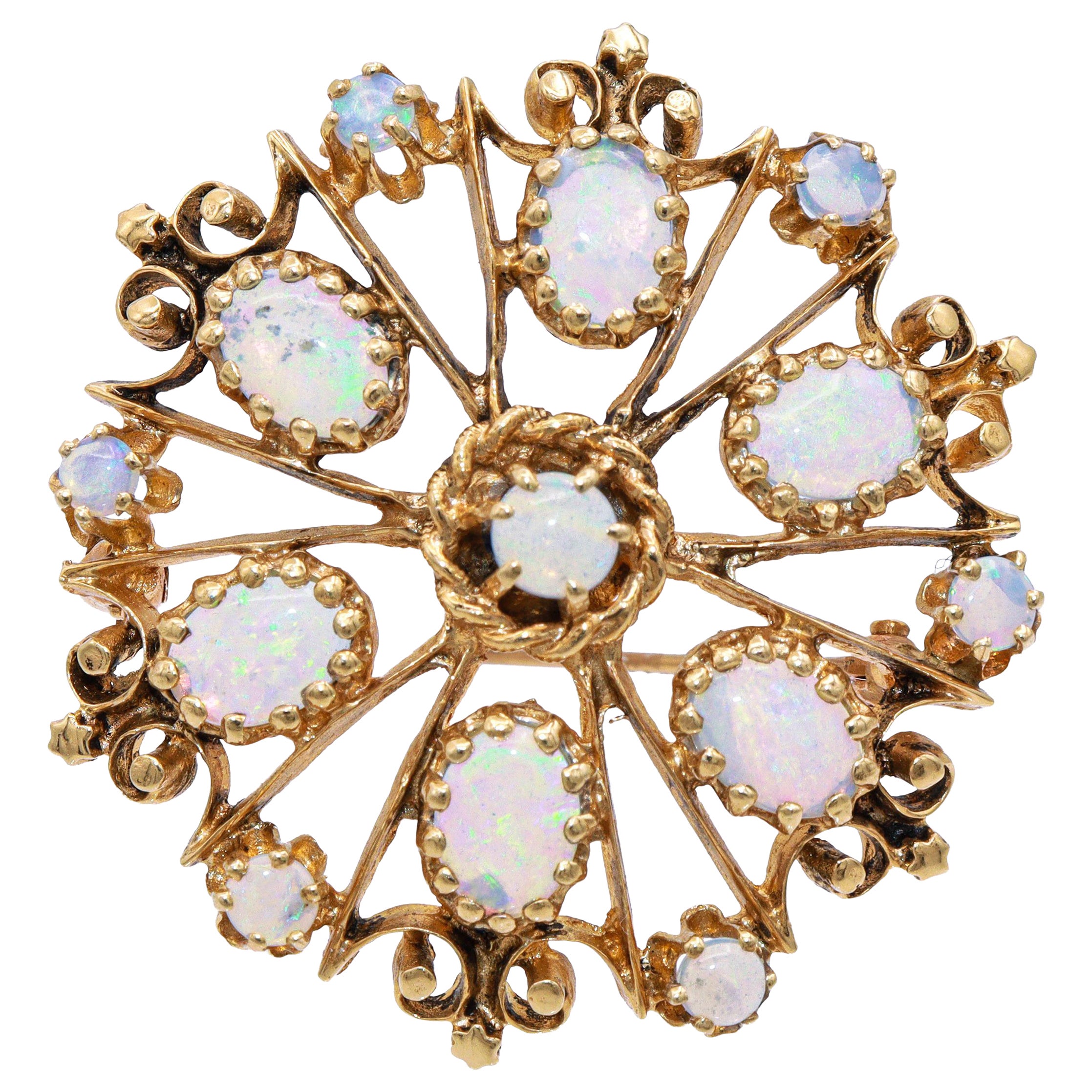 Vintage 14K Yellow Gold Opal Cluster Floral Brooch Pin