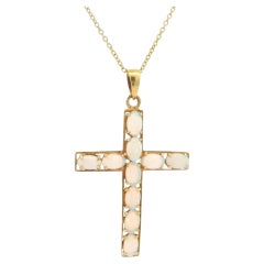 Vintage 14k Yellow Gold Opal Cross Pendant on 18" Cable Link Chain Necklace