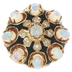 Vintage 14K Yellow Gold Opal & Diamond Enamel Ring