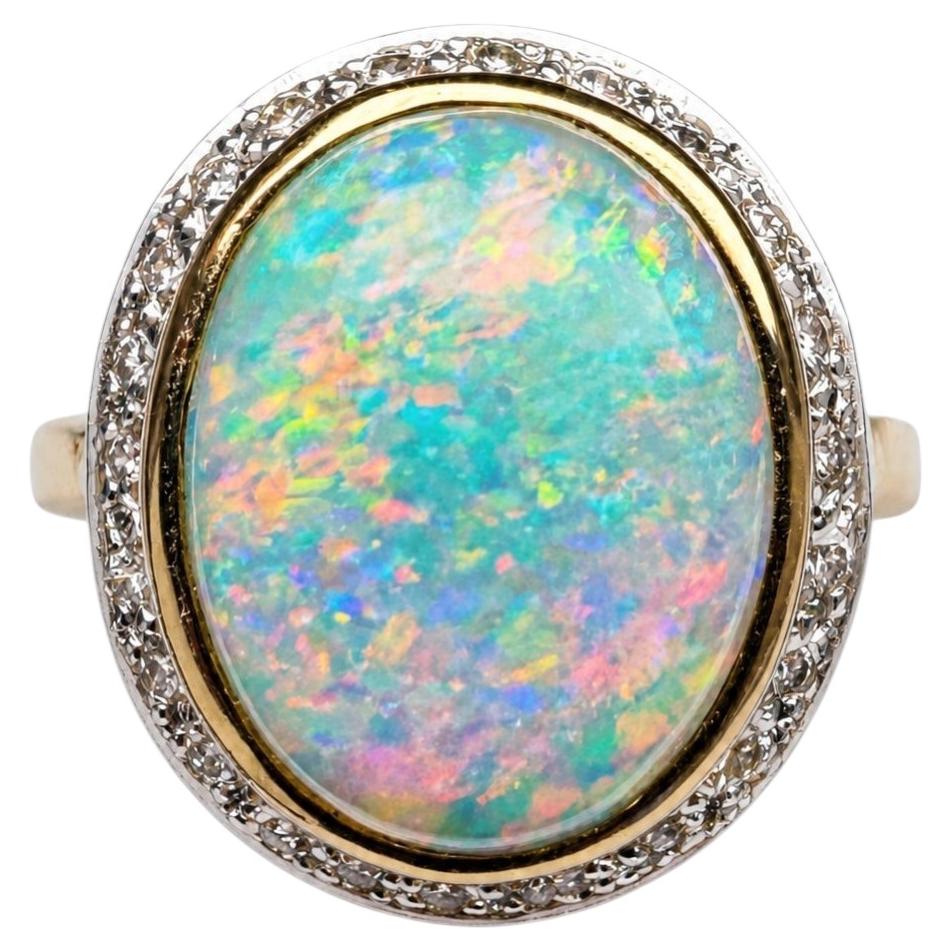 Vintage 14K Yellow Gold Opal & Diamond Halo Ring – Natural Opal