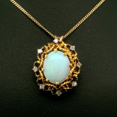 Vintage 14k Yellow Gold Opal Diamond Handmade Swivel Bail Pendant Necklace
