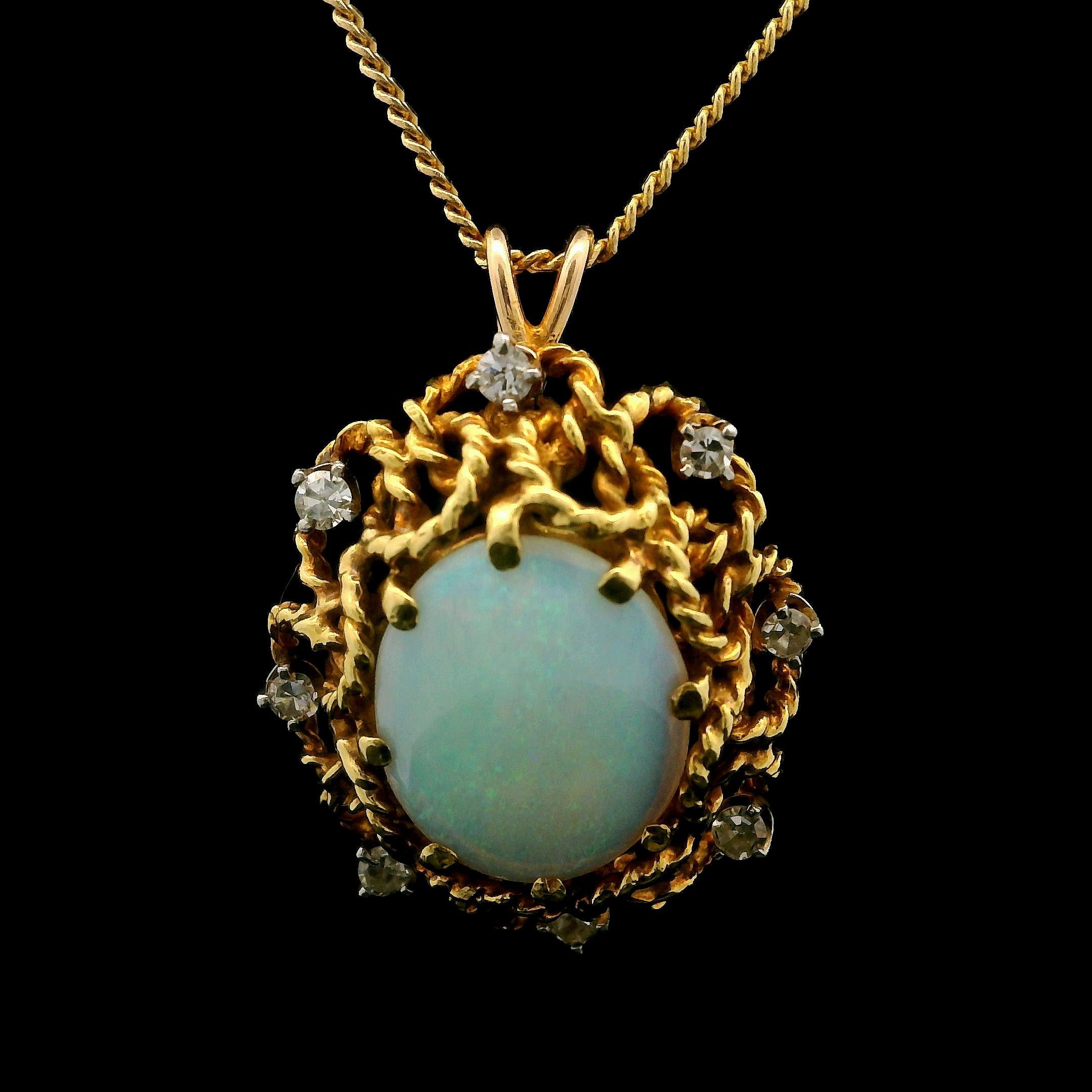 Oval Cut Vintage 14k Yellow Gold Opal Diamond Handmade Swivel Bail Pendant Necklace For Sale