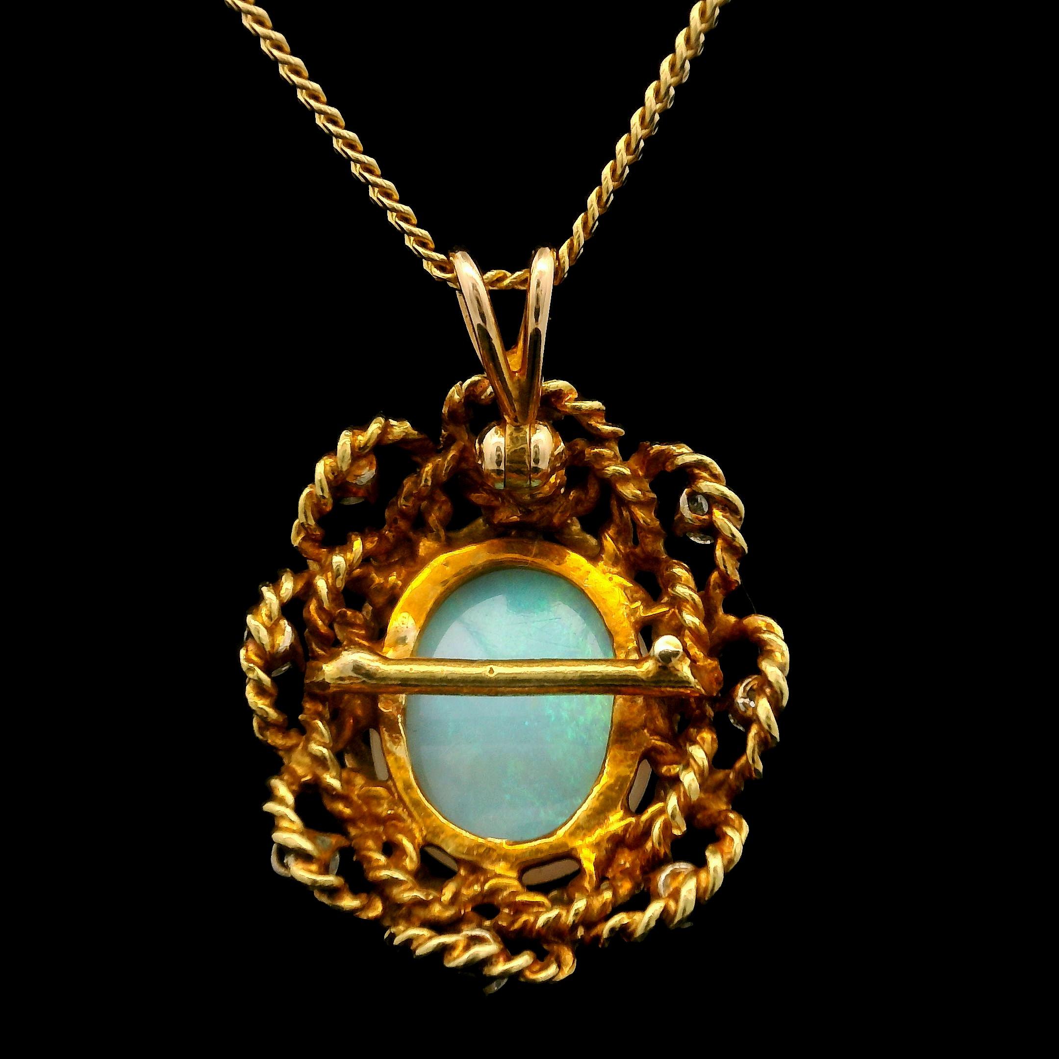 Vintage 14k Yellow Gold Opal Diamond Handmade Swivel Bail Pendant Necklace In Excellent Condition For Sale In Montclair, NJ