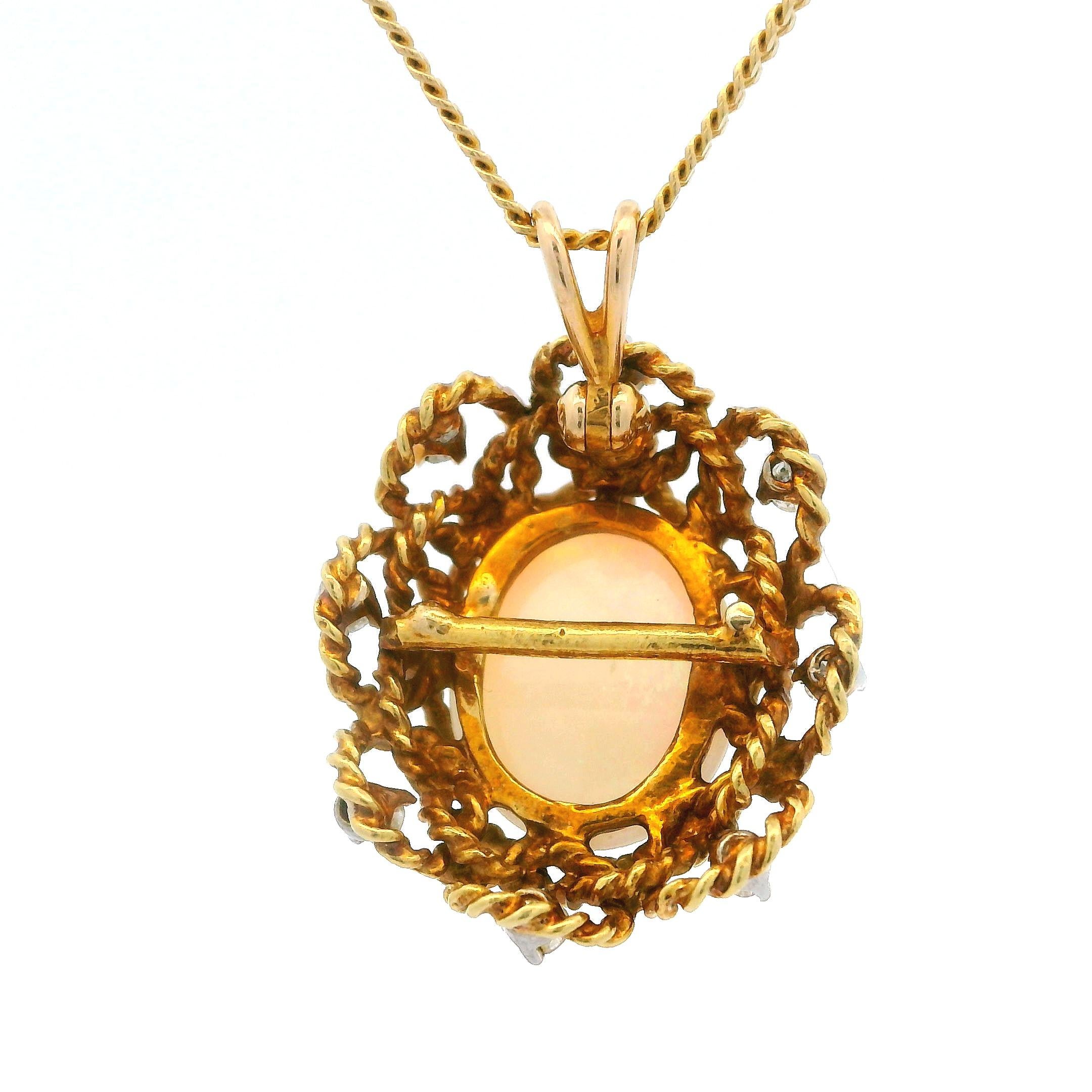 Women's Vintage 14k Yellow Gold Opal Diamond Handmade Swivel Bail Pendant Necklace For Sale