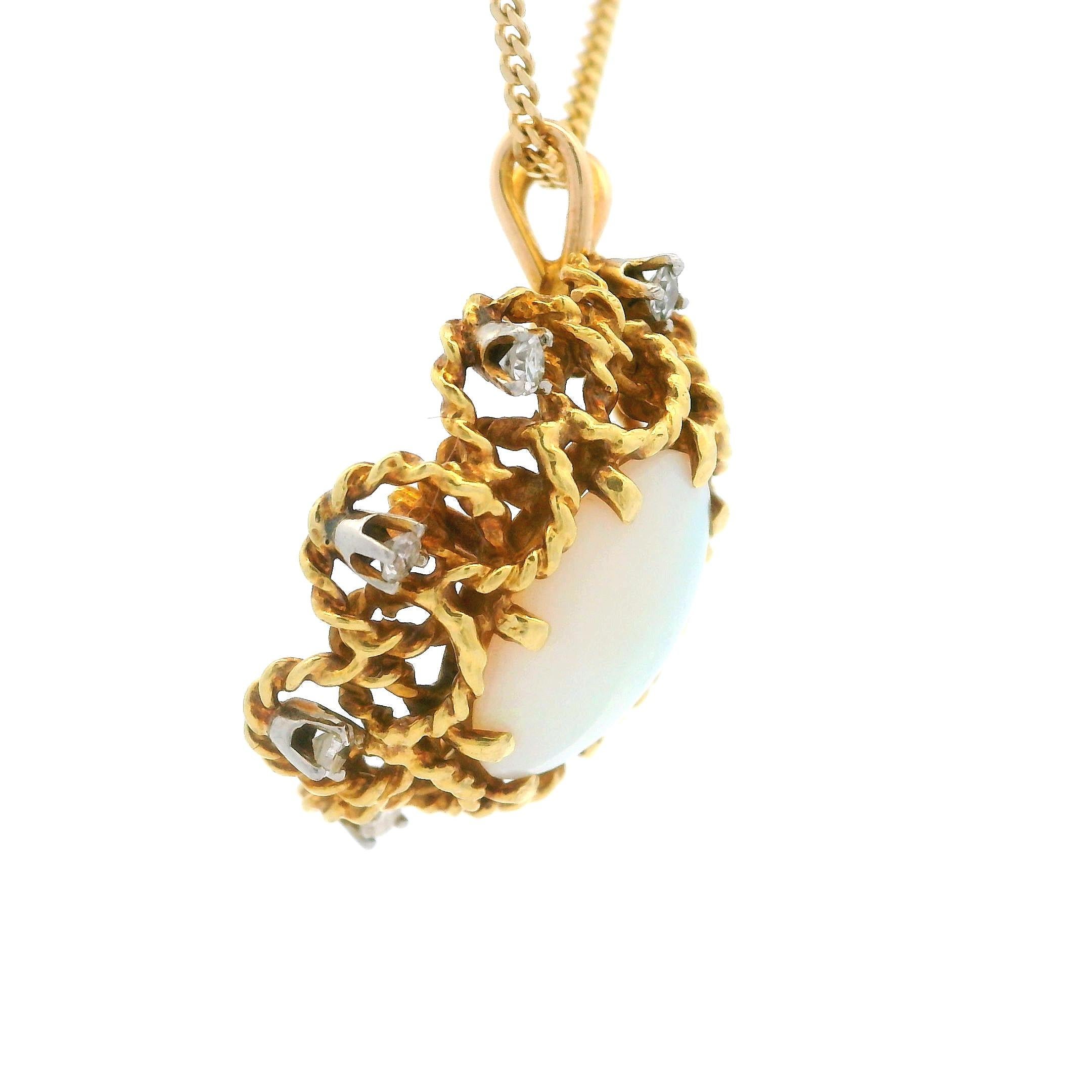 Vintage 14k Yellow Gold Opal Diamond Handmade Swivel Bail Pendant Necklace For Sale 1