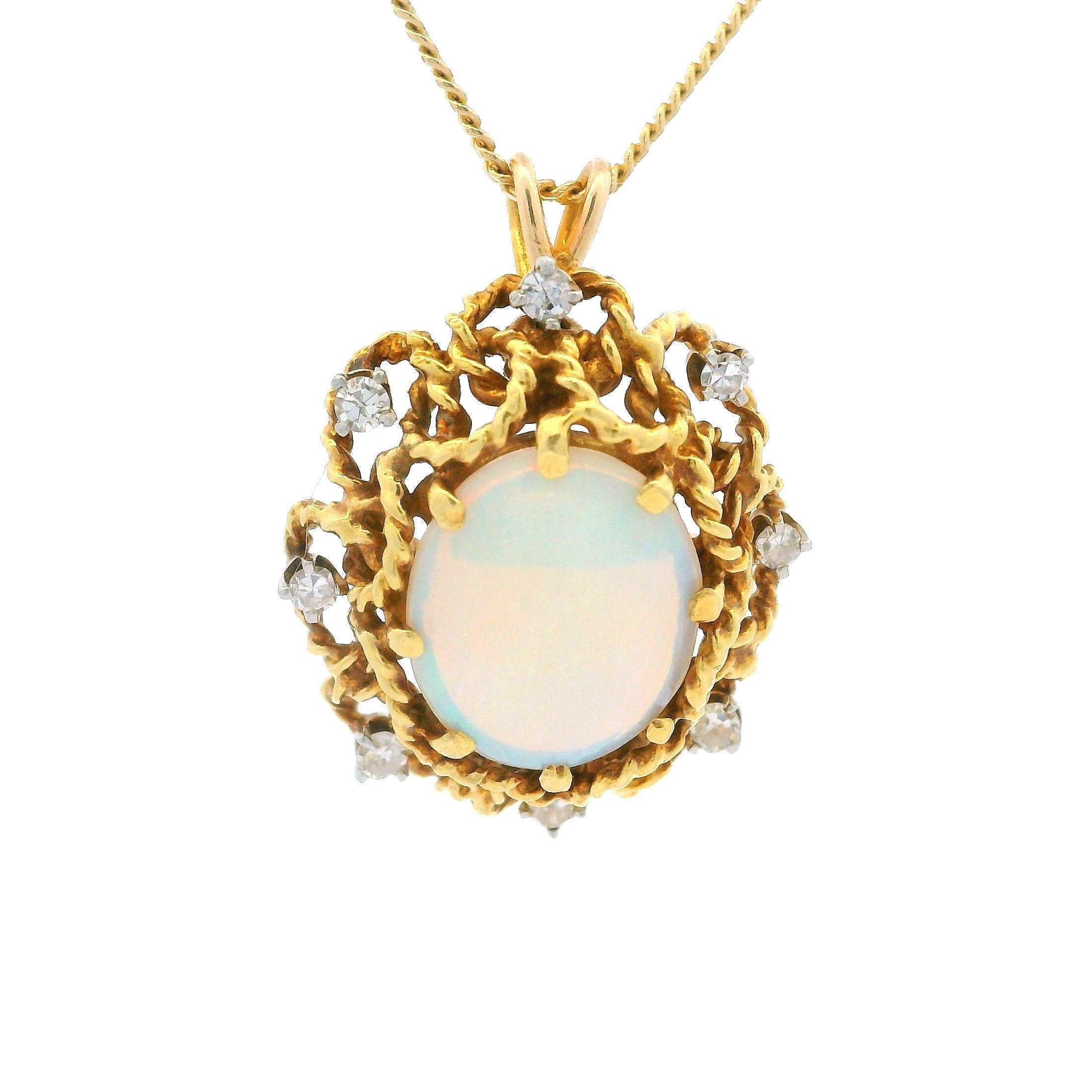 Collana vintage in oro giallo 14k con opale e diamante, fatta a mano e con cappio girevole in vendita 1