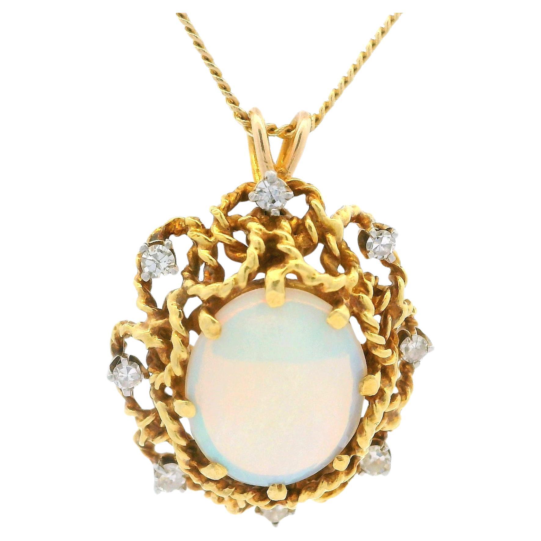 Vintage 14k Yellow Gold Opal Diamond Handmade Swivel Bail Pendant Necklace For Sale