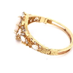 Vintage 14K Yellow Gold Opal & Diamond Hinged Bangle Bracelet