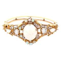 Vintage 14K Yellow Gold Opal & Diamond Hinged Bangle Bracelet