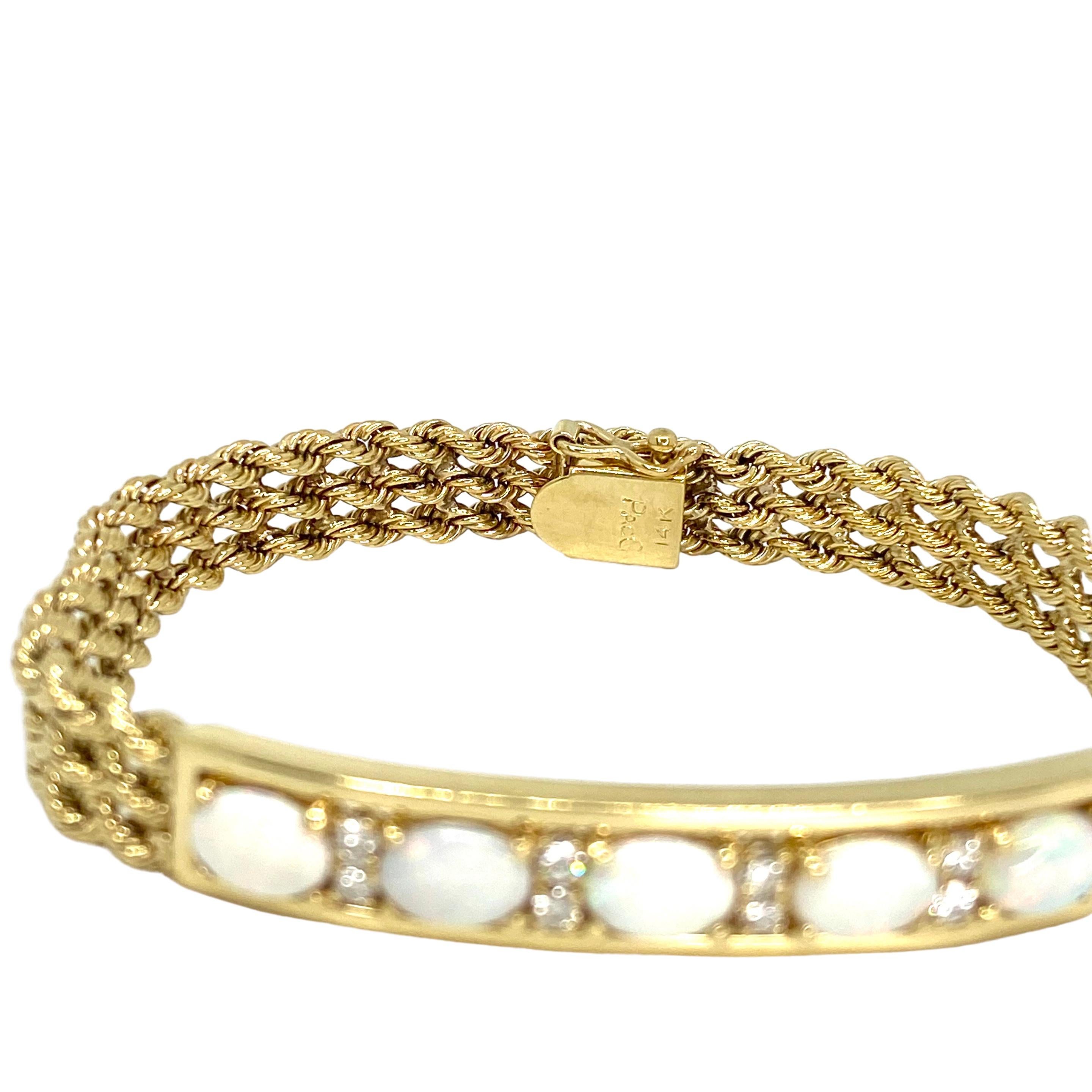 Cabochon Vintage 14K Yellow Gold Opal & Diamond Rope Style Bracelet