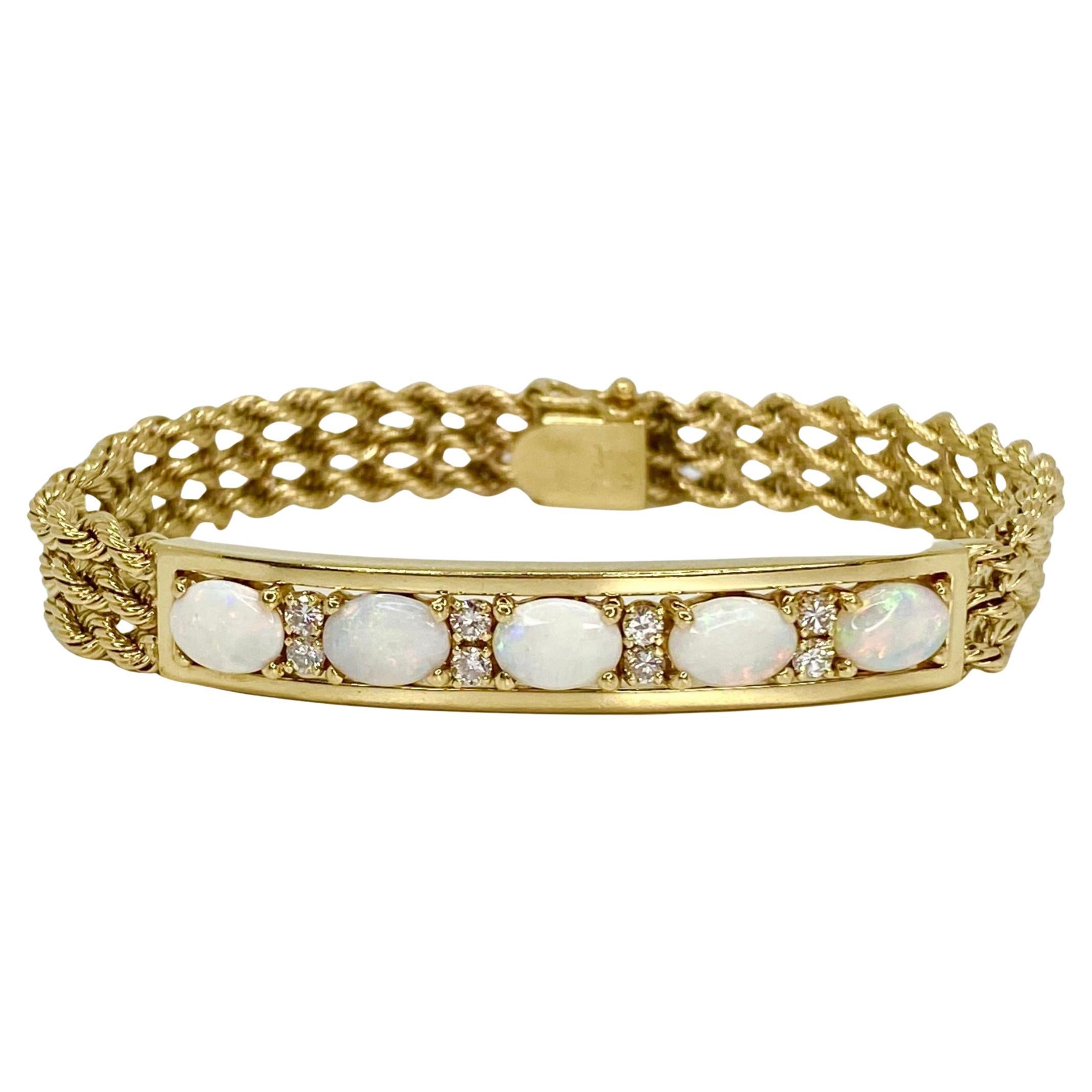 Vintage 14K Yellow Gold Opal & Diamond Rope Style Bracelet