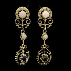 Vintage 14k Yellow Gold Opal & Lapis Lazuli Ornate Dangle Drop Earrings