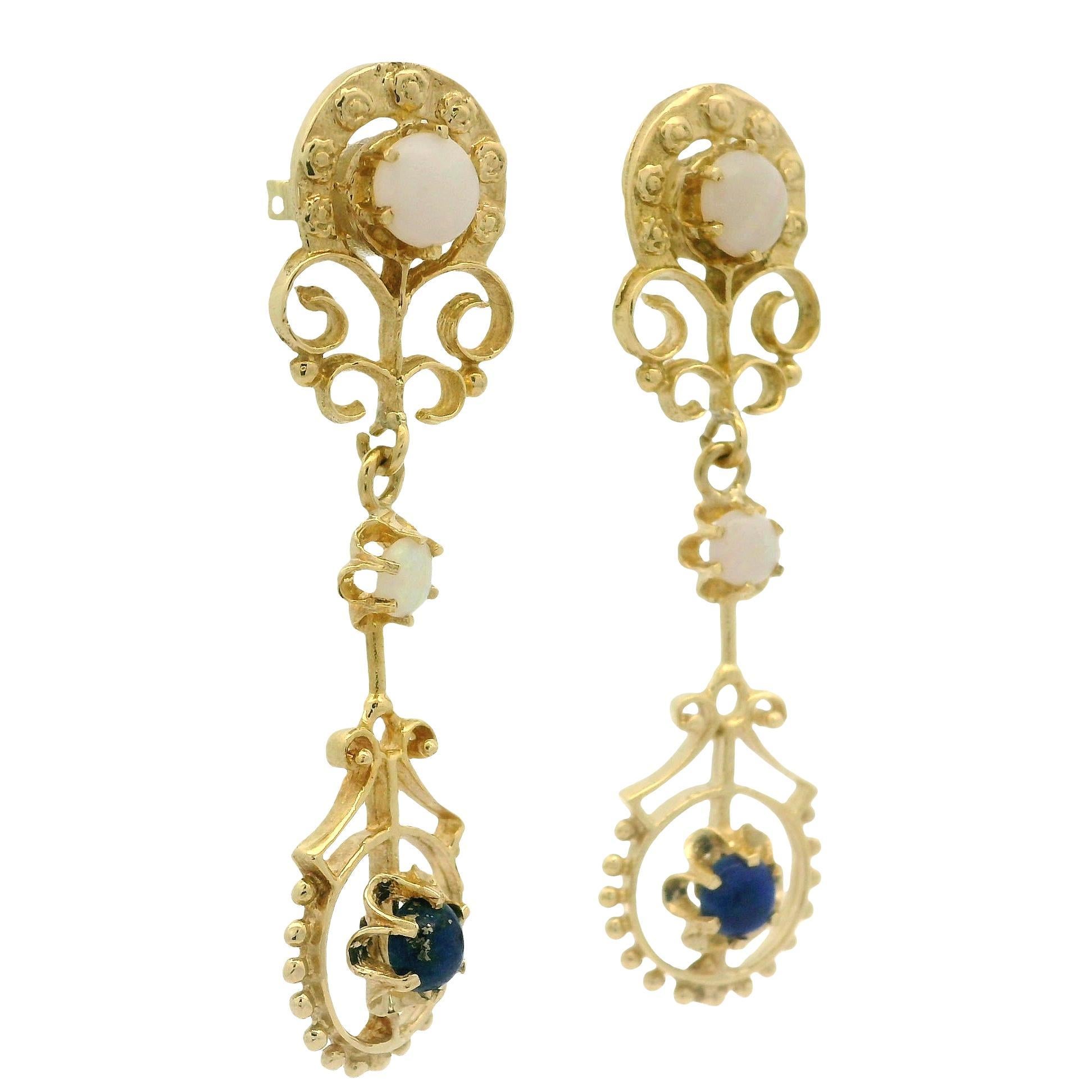 Boucles d'oreilles pendantes en or jaune 14k Opale et Lapis Lazuli Orné en vente 2