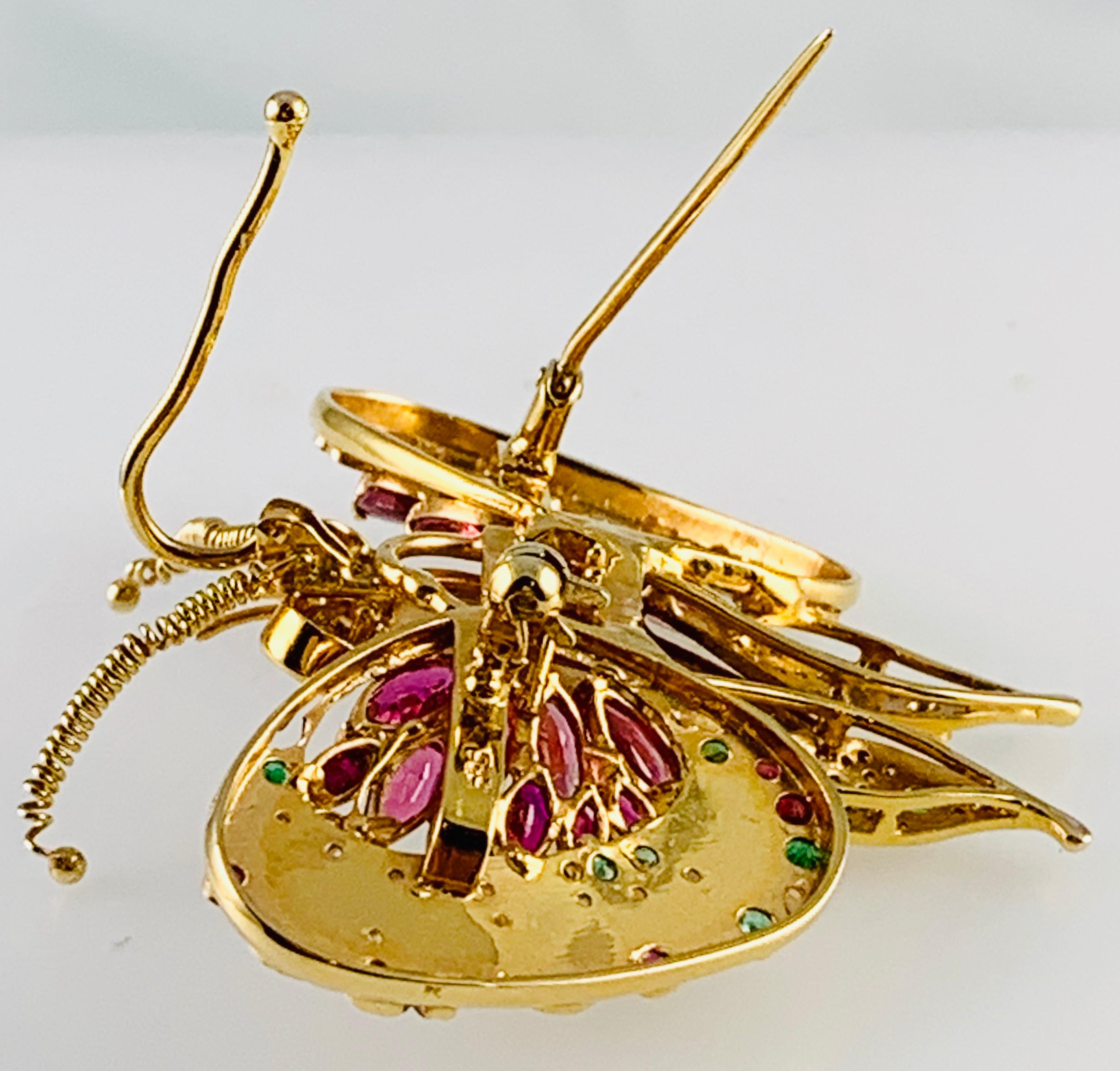 Vintage 14 Karat Yellow Gold Opal Ruby Emerald and Diamond Butterfly Brooch Pin 5