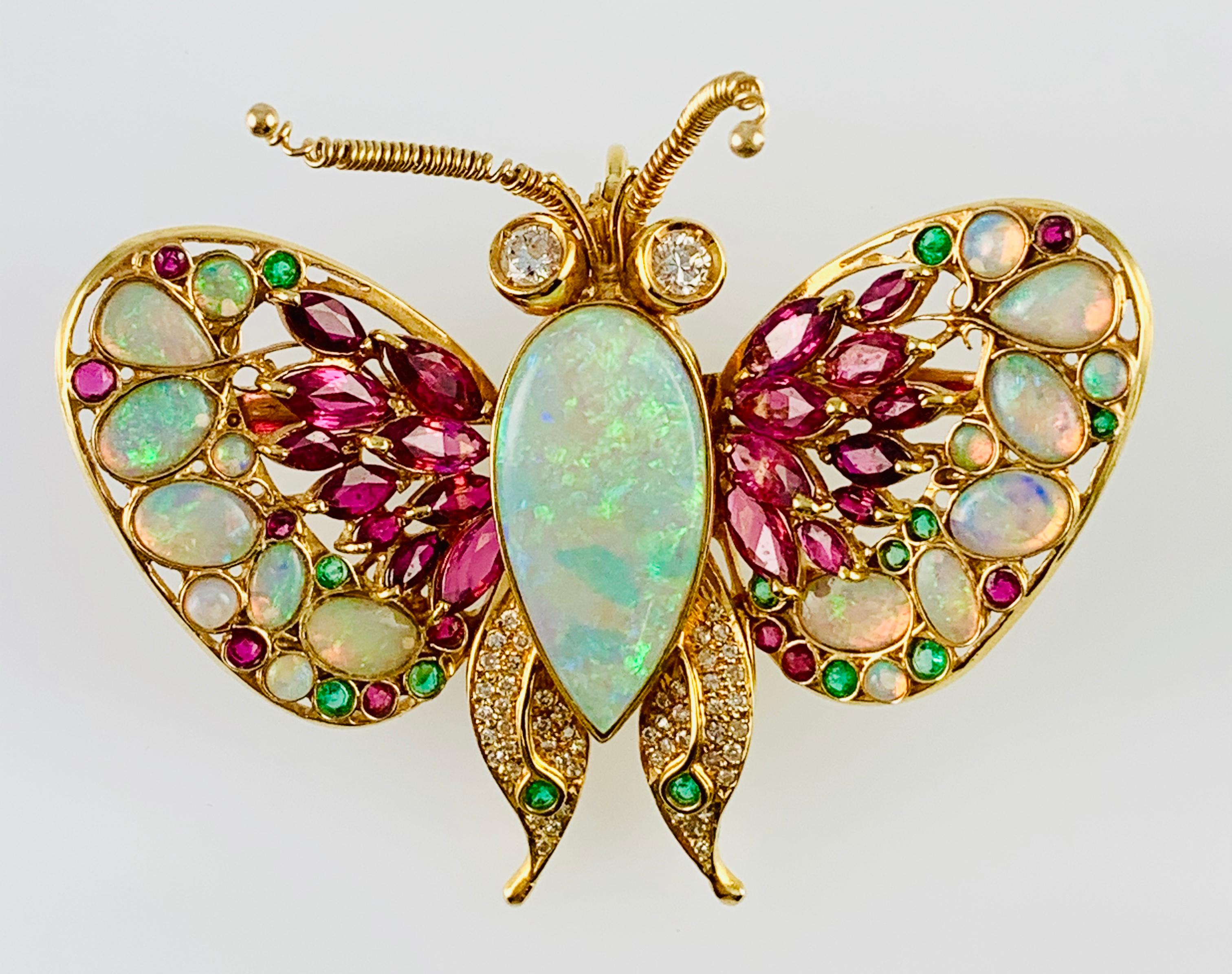 Vintage 14 Karat Yellow Gold Opal Ruby Emerald and Diamond Butterfly Brooch Pin 7