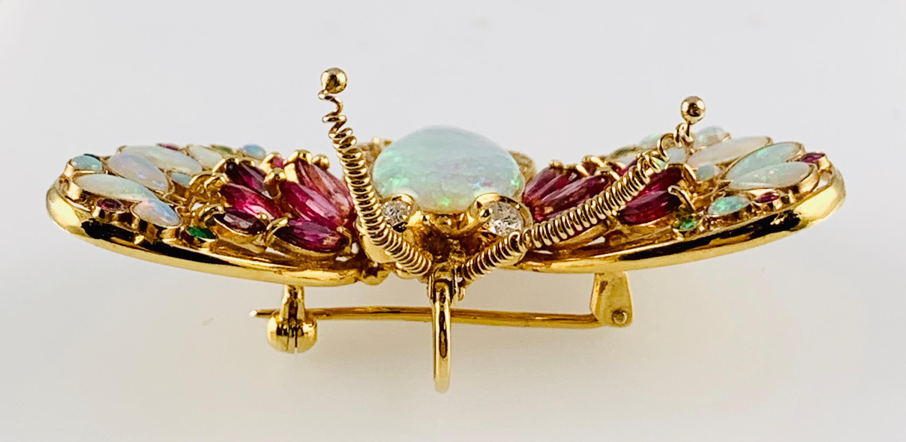 Artisan Vintage 14 Karat Yellow Gold Opal Ruby Emerald and Diamond Butterfly Brooch Pin