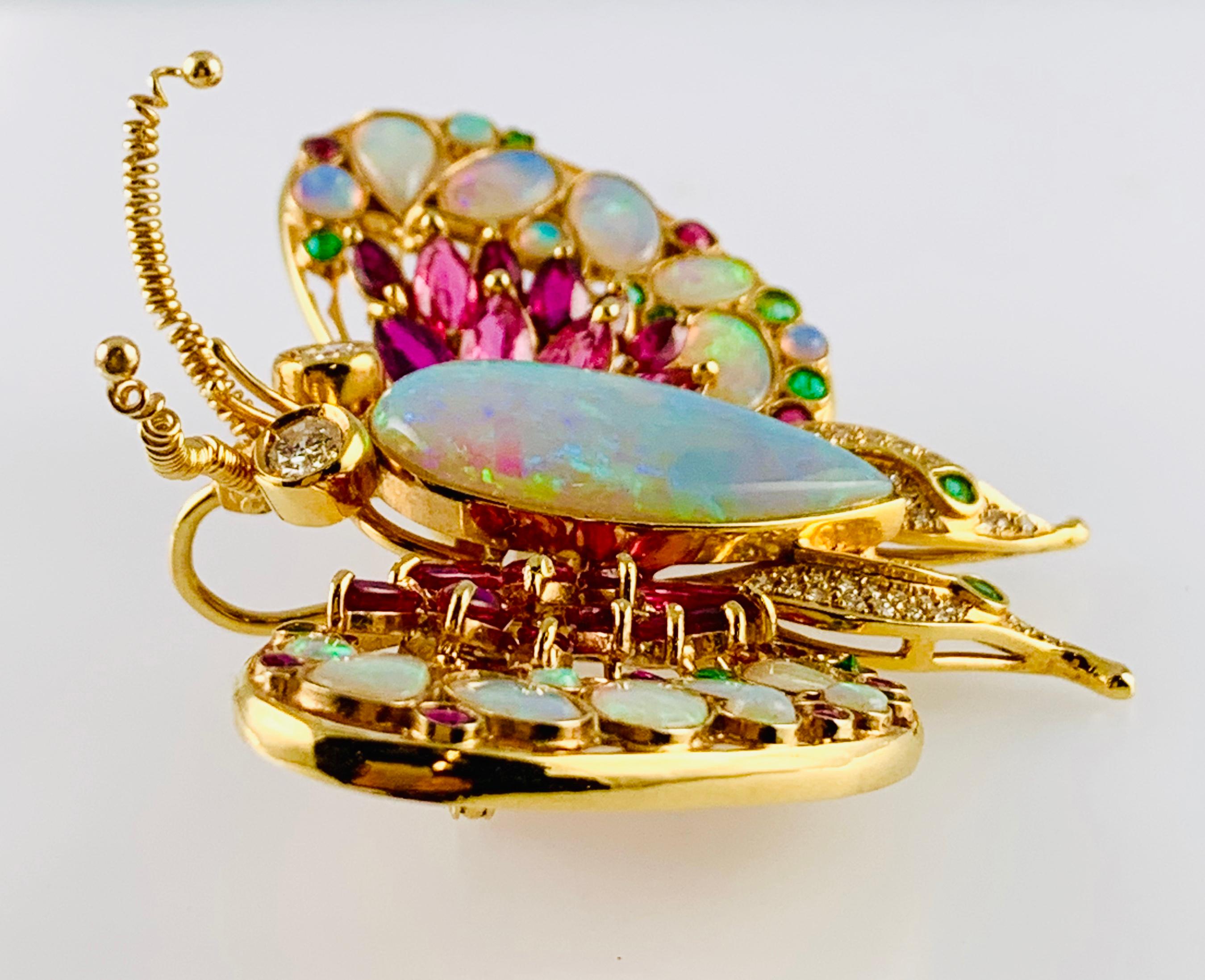 Round Cut Vintage 14 Karat Yellow Gold Opal Ruby Emerald and Diamond Butterfly Brooch Pin