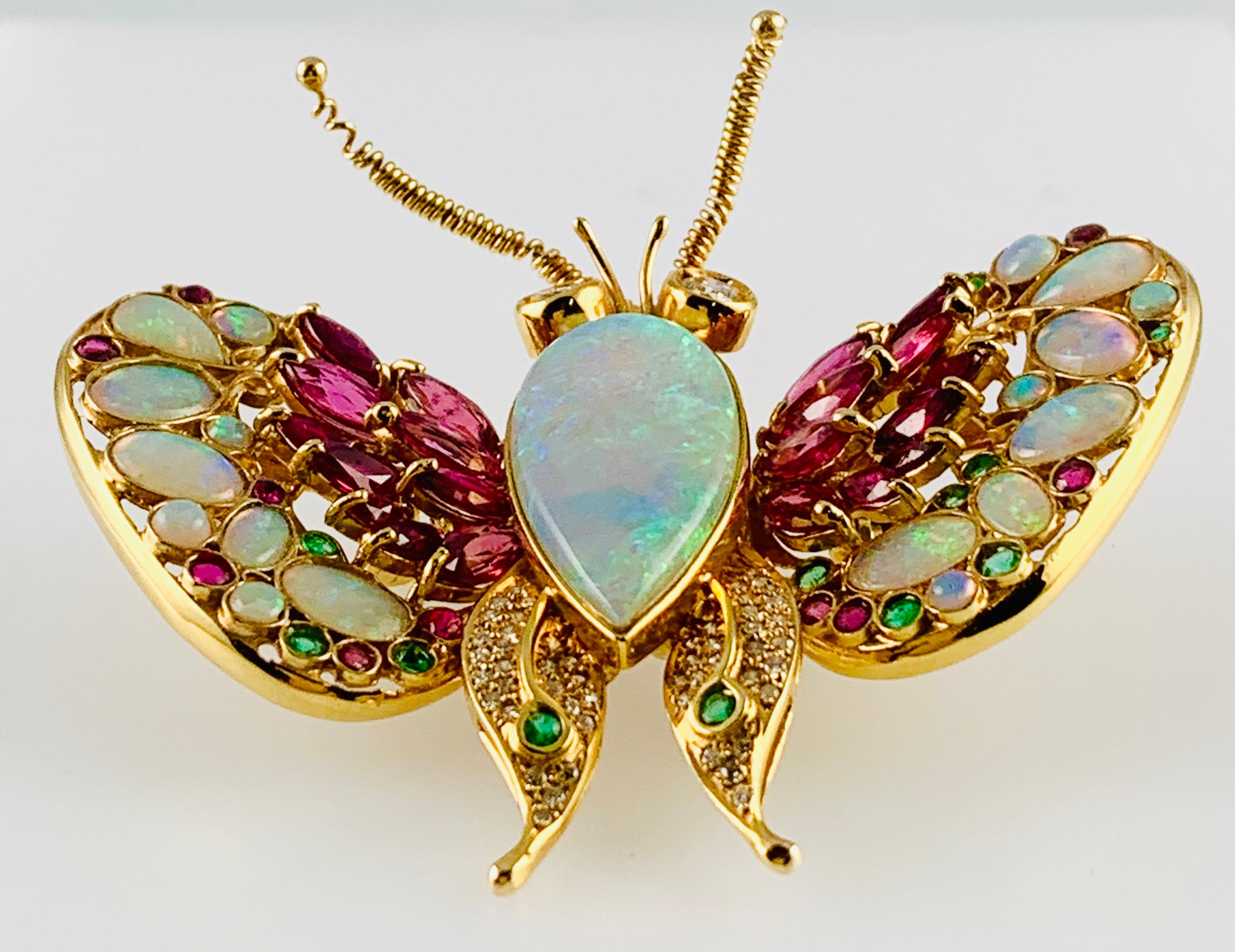 Vintage 14 Karat Yellow Gold Opal Ruby Emerald and Diamond Butterfly Brooch Pin In Excellent Condition In Birmingham, AL