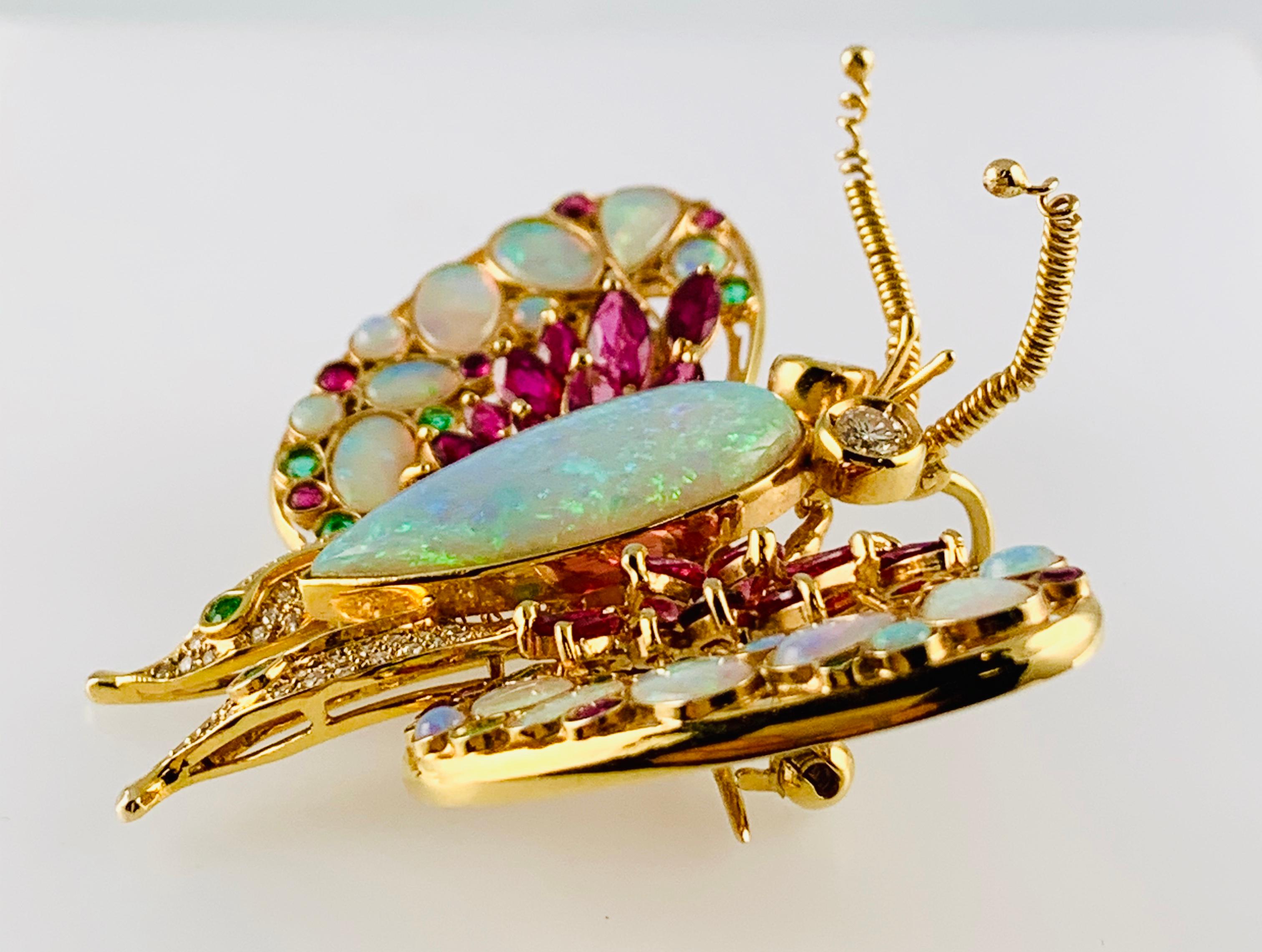 Women's or Men's Vintage 14 Karat Yellow Gold Opal Ruby Emerald and Diamond Butterfly Brooch Pin