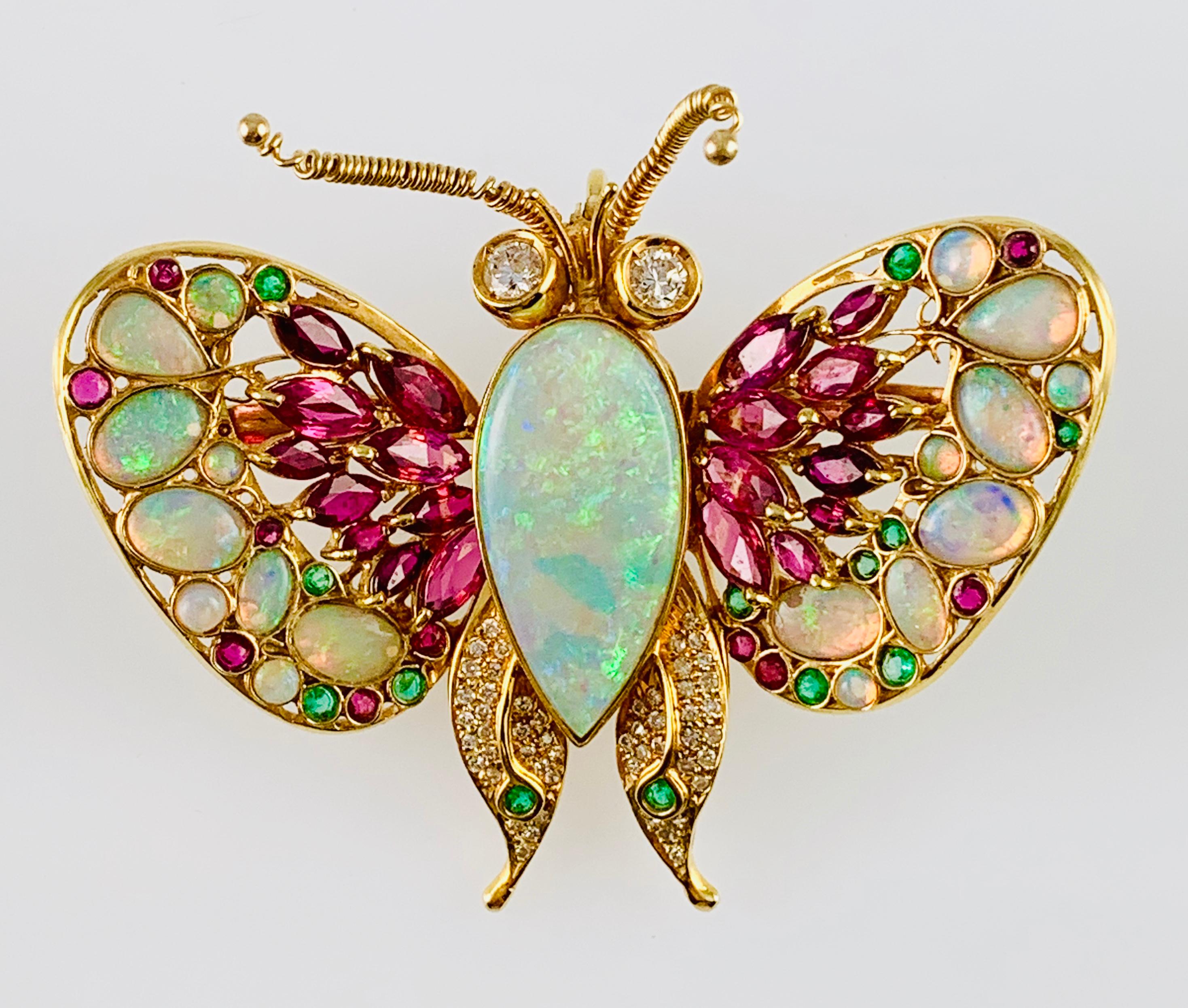 Vintage 14 Karat Yellow Gold Opal Ruby Emerald and Diamond Butterfly Brooch Pin 1