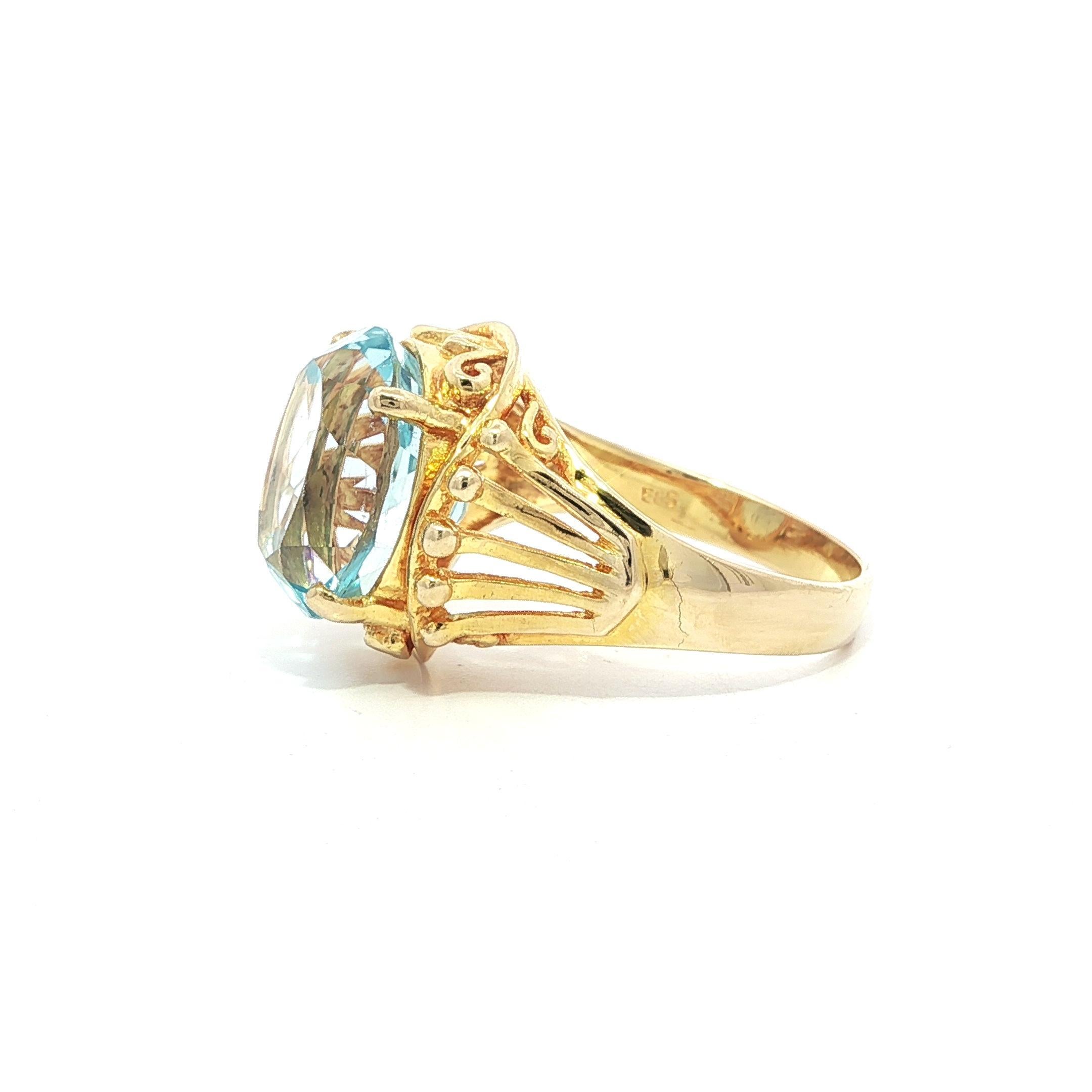 --Pietre: --
(1) Topazio blu naturale autentico - taglio ovale Brilliante - incastonato - colore blu medio - 13x11mm (esatto)

Materiale: Oro giallo massiccio 14k
Peso: 6,7 grammi
Misura dell'anello: 7.5 (Can può personalizzare l'anello - contattaci