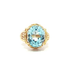 Vintage 14k Yellow Gold Oval Blue Topaz Solitaire Foliage Flared Open Work Ring