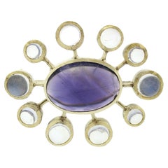 Pin-Brosche, 14 Karat Gelbgold, ovaler Cabochon, Amethyst, abgestufter Mondstein