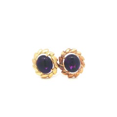 Vintage 14k Yellow Gold Oval Cabochon Amethyst Wheat Pattern Halo Stud Earrings