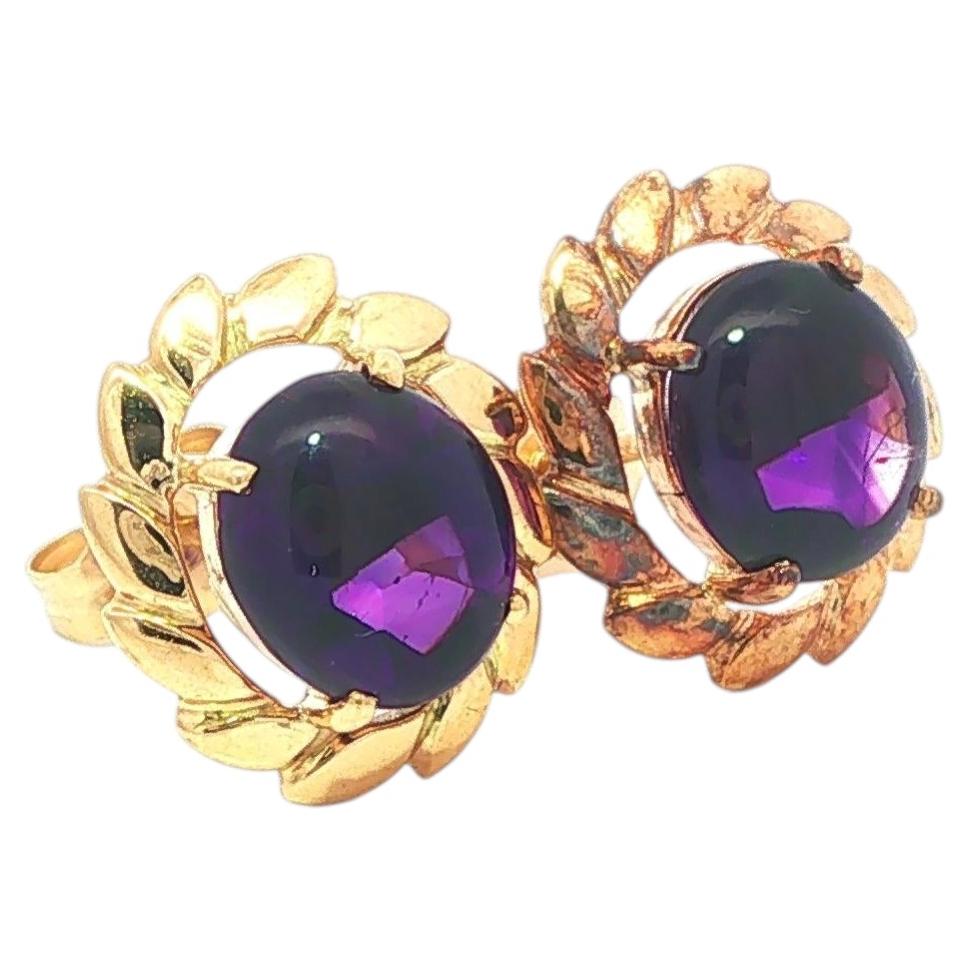 Vintage 14k Yellow Gold Oval Cabochon Amethyst Wheat Pattern Halo Stud Earrings For Sale
