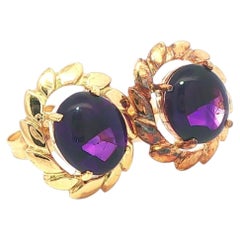 Vintage 14k Yellow Gold Oval Cabochon Amethyst Wheat Pattern Halo Stud Earrings