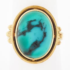 Vintage 14k Yellow Gold Oval Cabochon Bezel Set Turquoise Grooved Cocktail Ring
