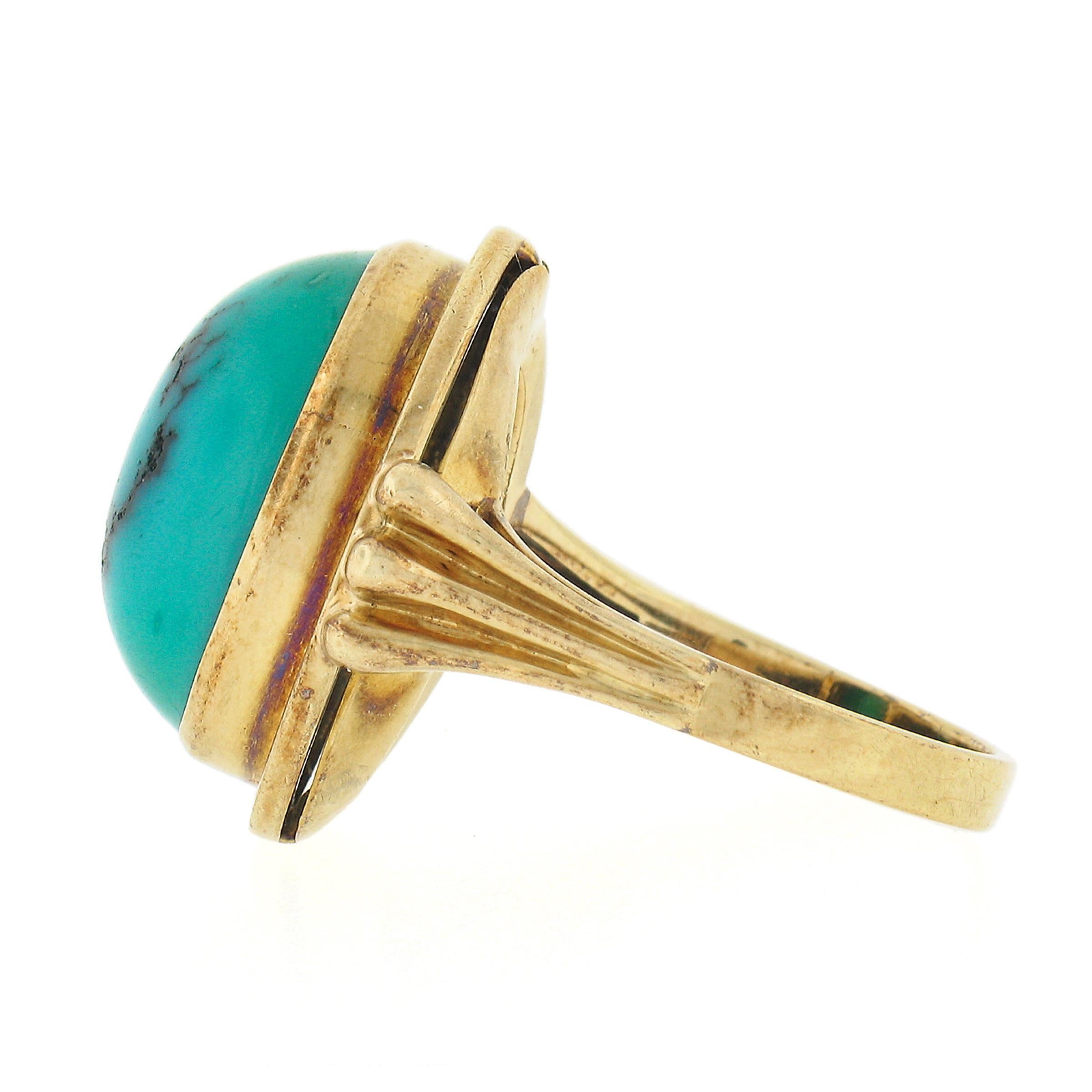 Women's Vintage 14k Yellow Gold Oval Cabochon Bezel Set Turquoise Grooved Cocktail Ring For Sale
