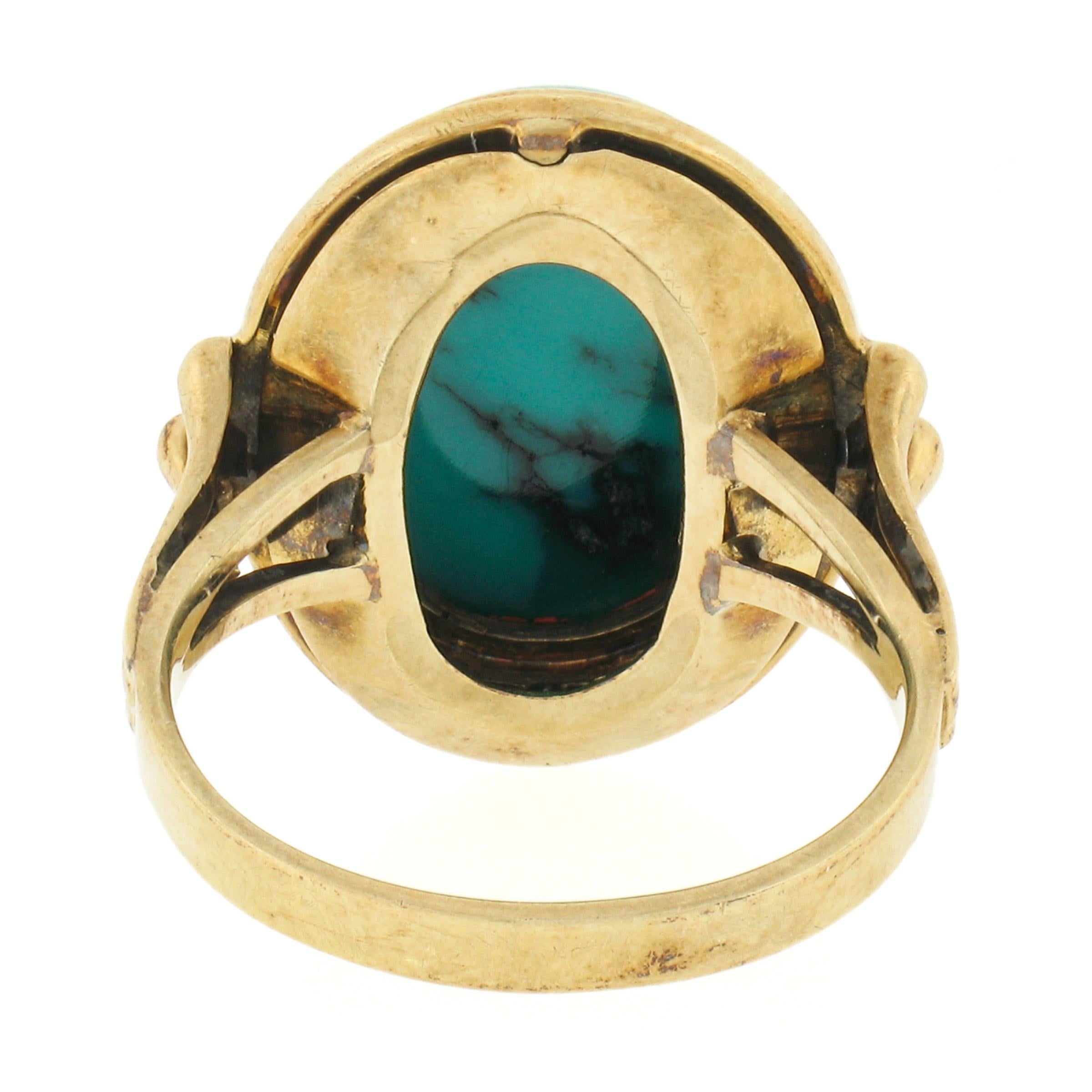 Vintage 14k Yellow Gold Oval Cabochon Bezel Set Turquoise Grooved Cocktail Ring For Sale 1