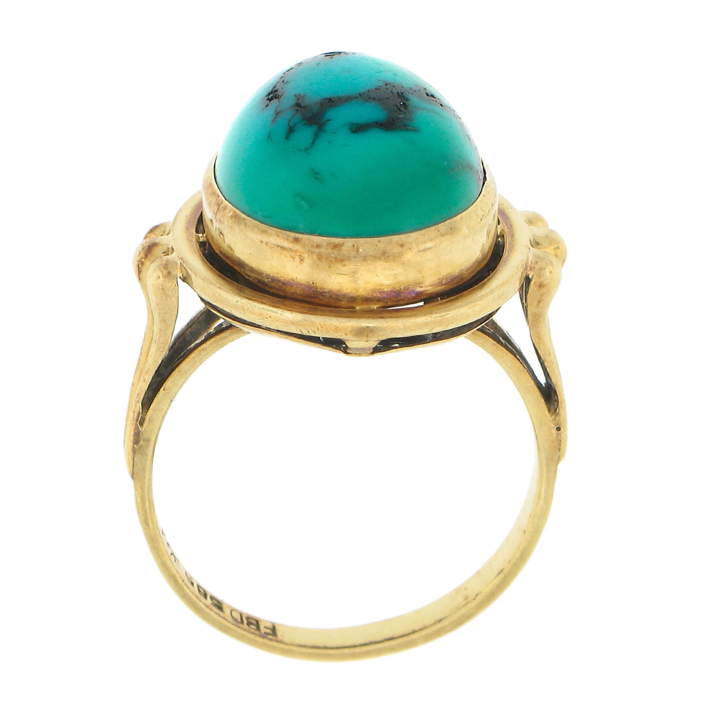 Vintage 14k Yellow Gold Oval Cabochon Bezel Set Turquoise Grooved Cocktail Ring For Sale 2