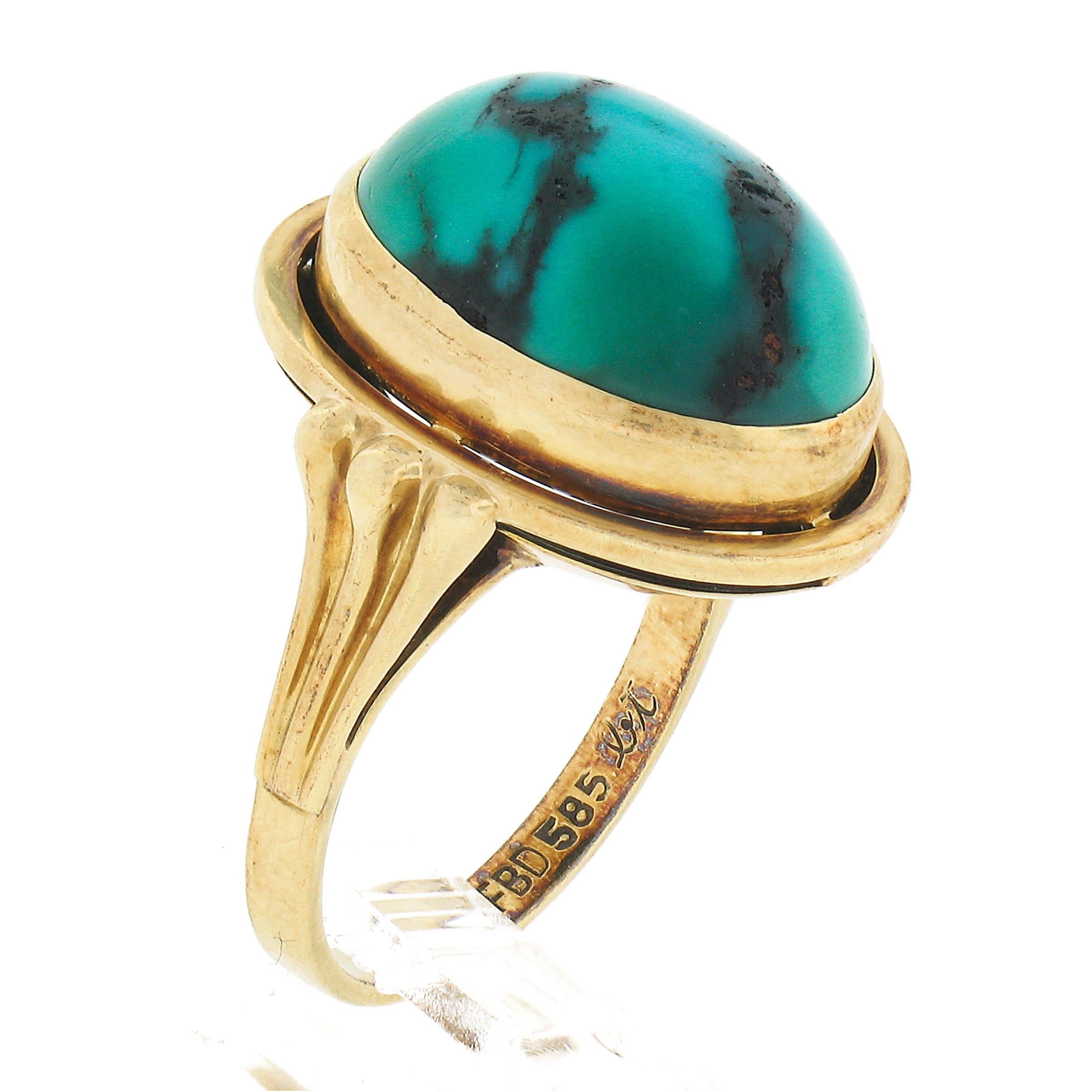 Vintage 14k Yellow Gold Oval Cabochon Bezel Set Turquoise Grooved Cocktail Ring For Sale 3