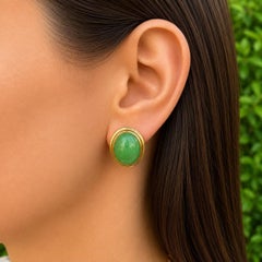 Vintage 14k Yellow Gold Oval Cabochon Jade Button Stud Omega Earrings