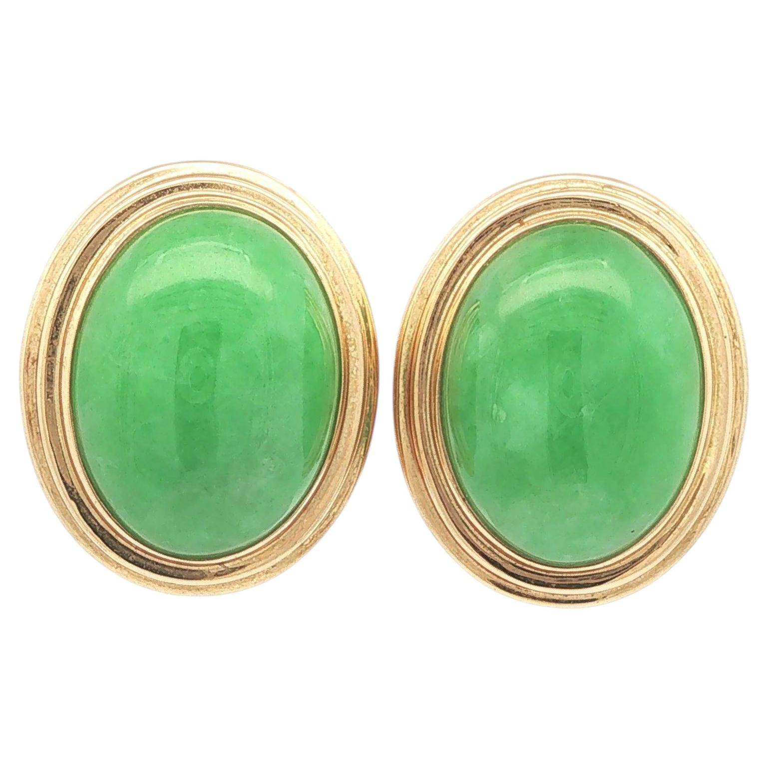 Vintage 14k Yellow Gold Oval Cabochon Jade Button Stud Omega Earrings For Sale